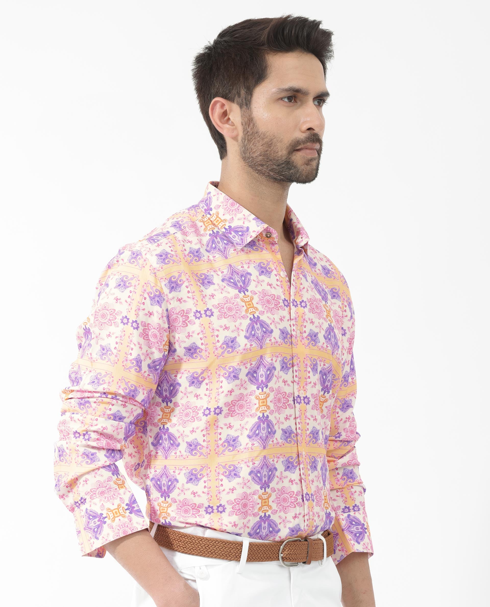 Rare Rabbit Mens Bodem Pink Full Sleeve Spread Collar Decorative Print Shirt