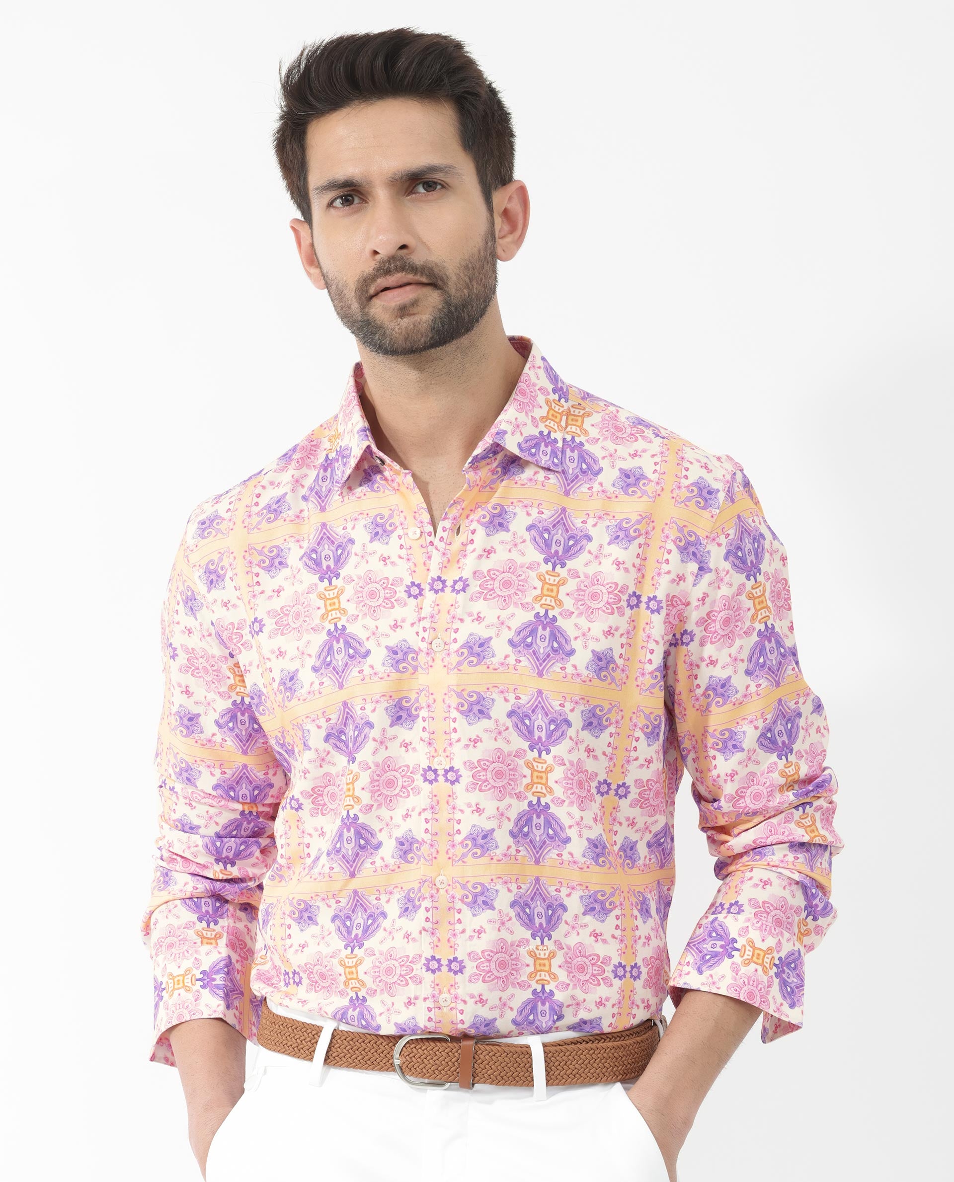 Rare Rabbit Mens Bodem Pink Full Sleeve Spread Collar Decorative Print Shirt