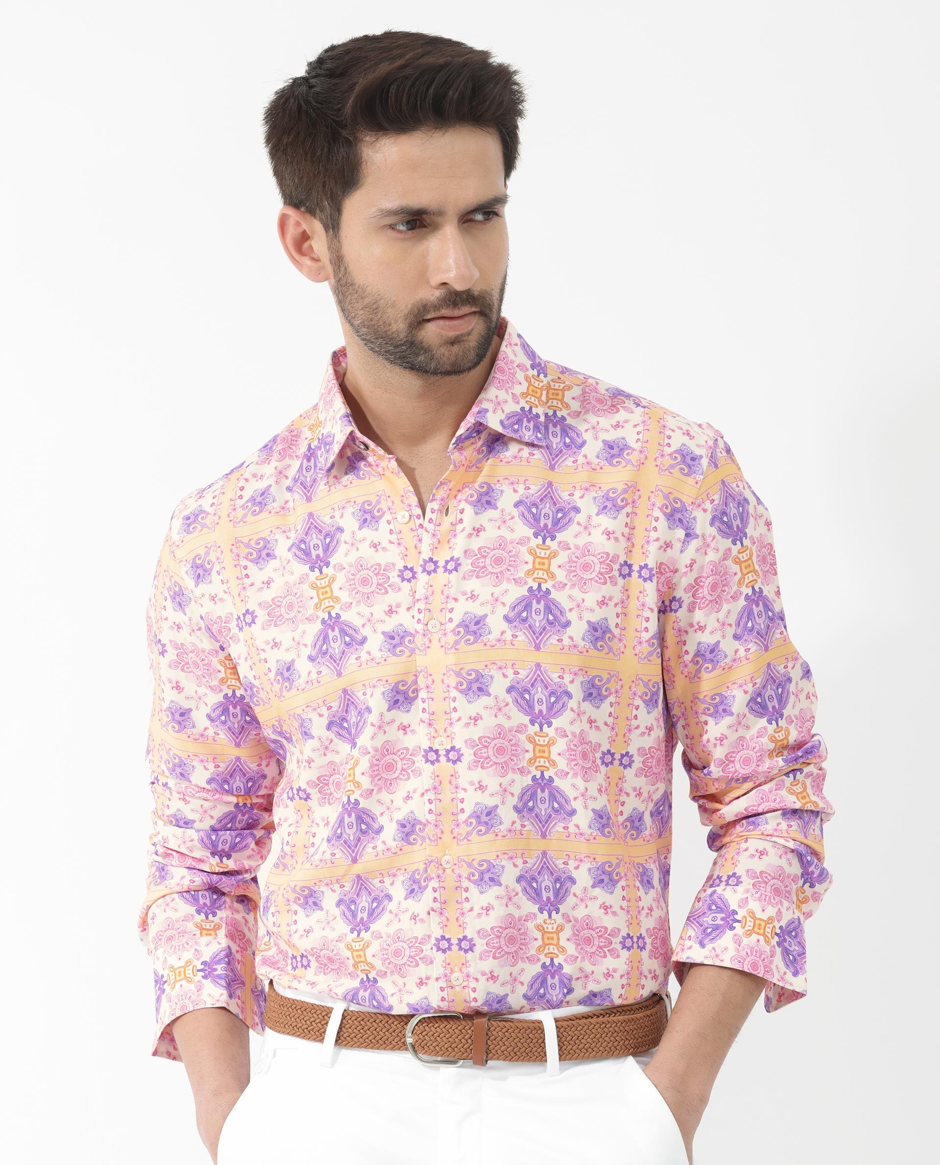 Rare Rabbit Mens Bodem Pink Full Sleeve Spread Collar Decorative Print Shirt