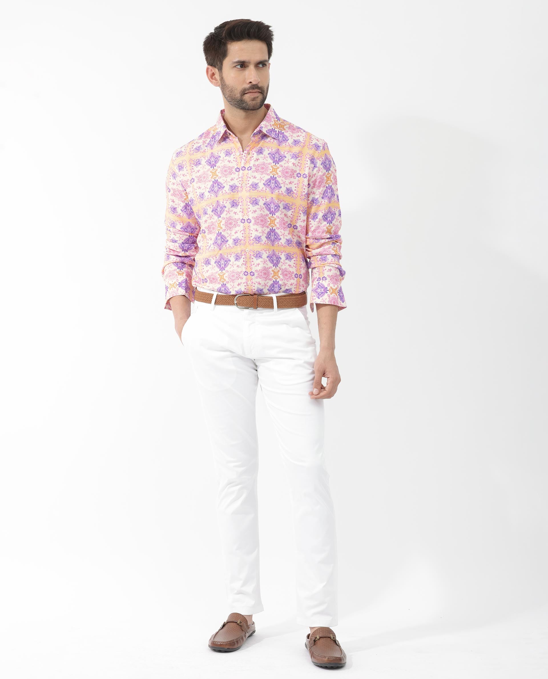 Rare Rabbit Mens Bodem Pink Full Sleeve Spread Collar Decorative Print Shirt