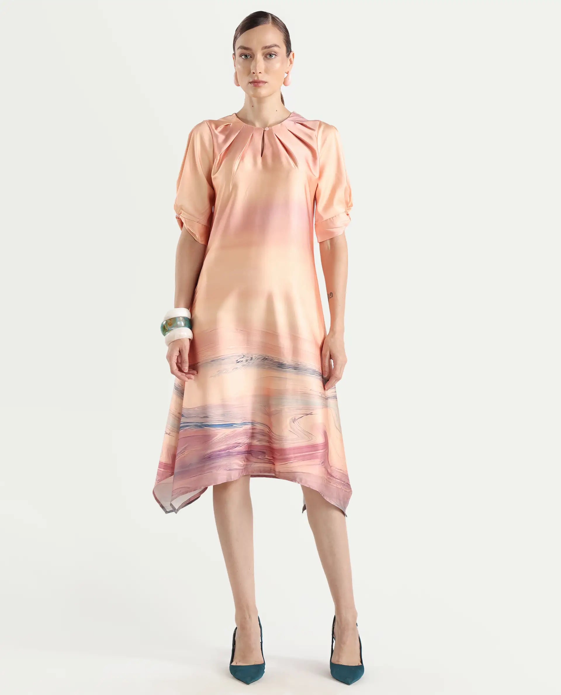 Rareism Women's Bogaz Pastel Multi Polyester Crew Neck Abstract Print Balloon Sleeve Midi Asymmetric Dress