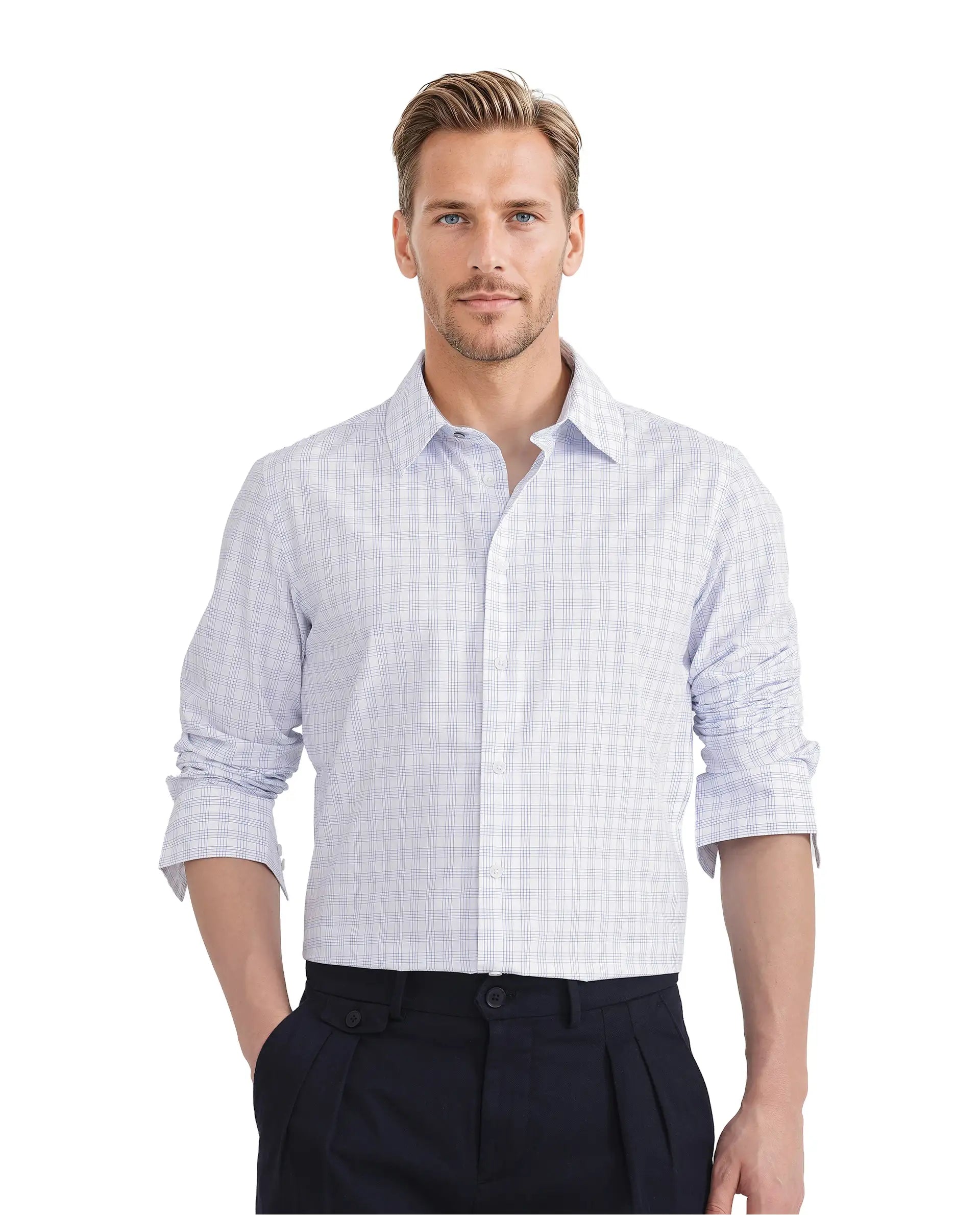 Rare Rabbit Men's Bogot Blue Cotton Fabric Full Sleeve Regular Collared Check Printed Shirt