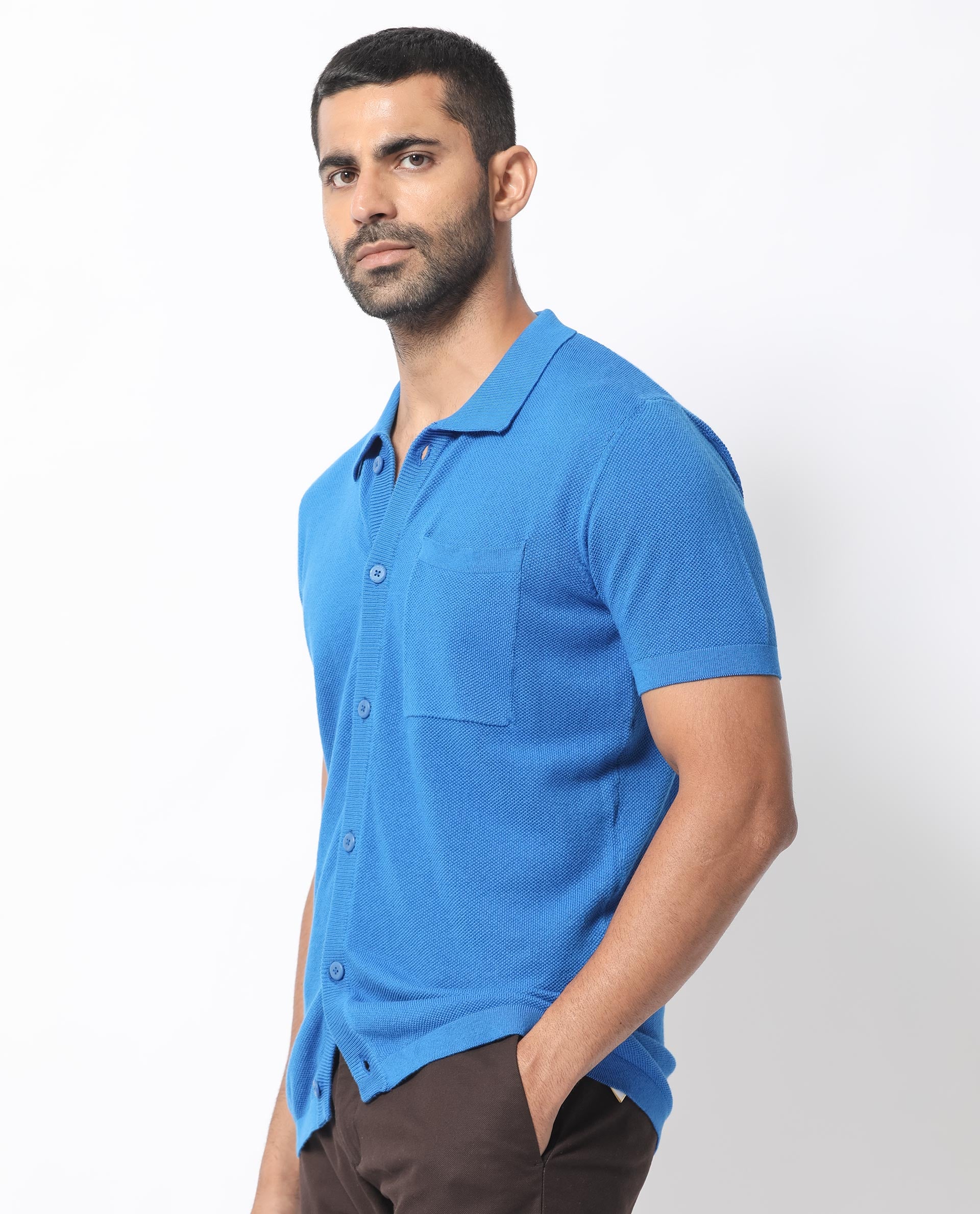 Rare Rabbit Men's Boise Ss Flouroscent Blue Cotton Fabric Half Sleeves Solid Knit Shirt