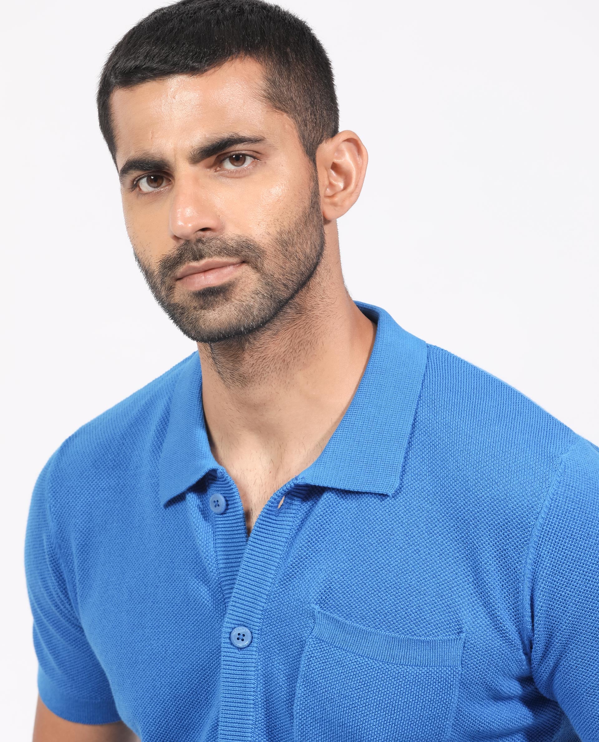 Rare Rabbit Men's Boise Ss Flouroscent Blue Cotton Fabric Half Sleeves Solid Knit Shirt