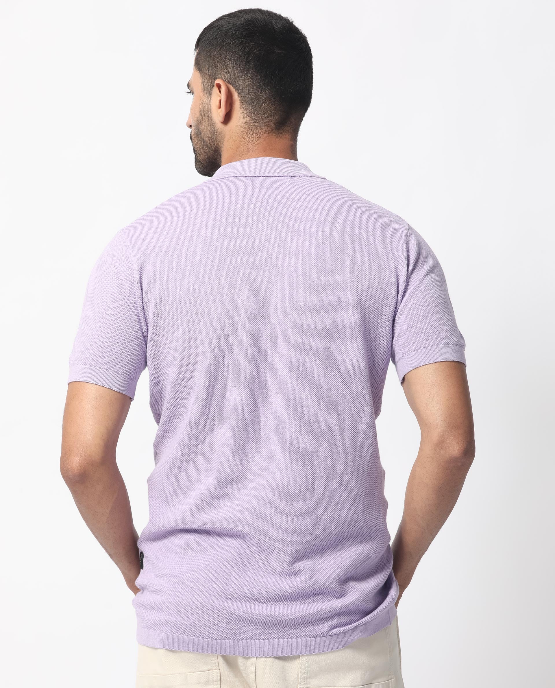 Rare Rabbit Men's Boise Ss Pastel Purple Cotton Fabric Half Sleeves Solid Knit Shirt