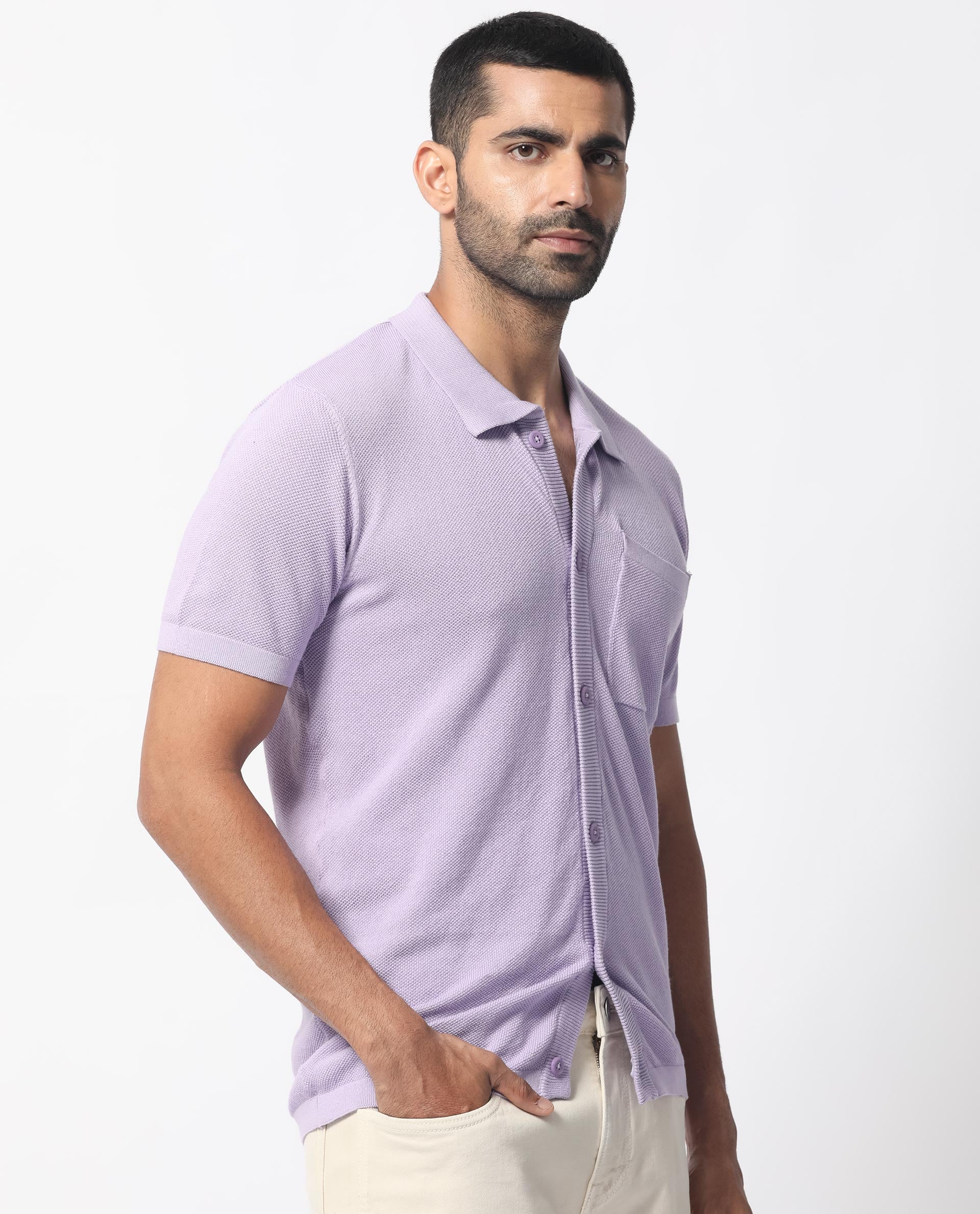 Rare Rabbit Men's Boise Ss Pastel Purple Cotton Fabric Half Sleeves Solid Knit Shirt