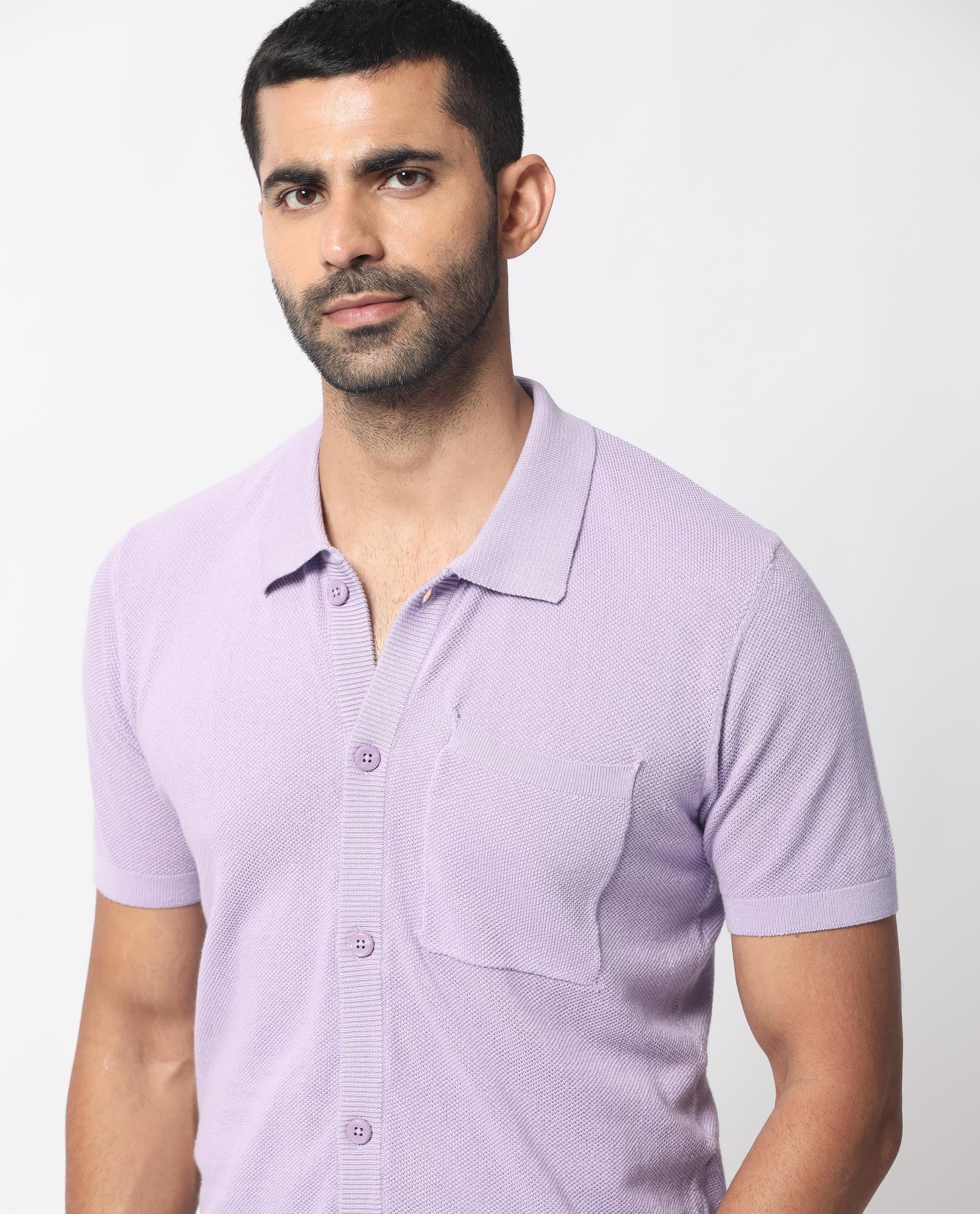 Rare Rabbit Men's Boise Ss Pastel Purple Cotton Fabric Half Sleeves Solid Knit Shirt