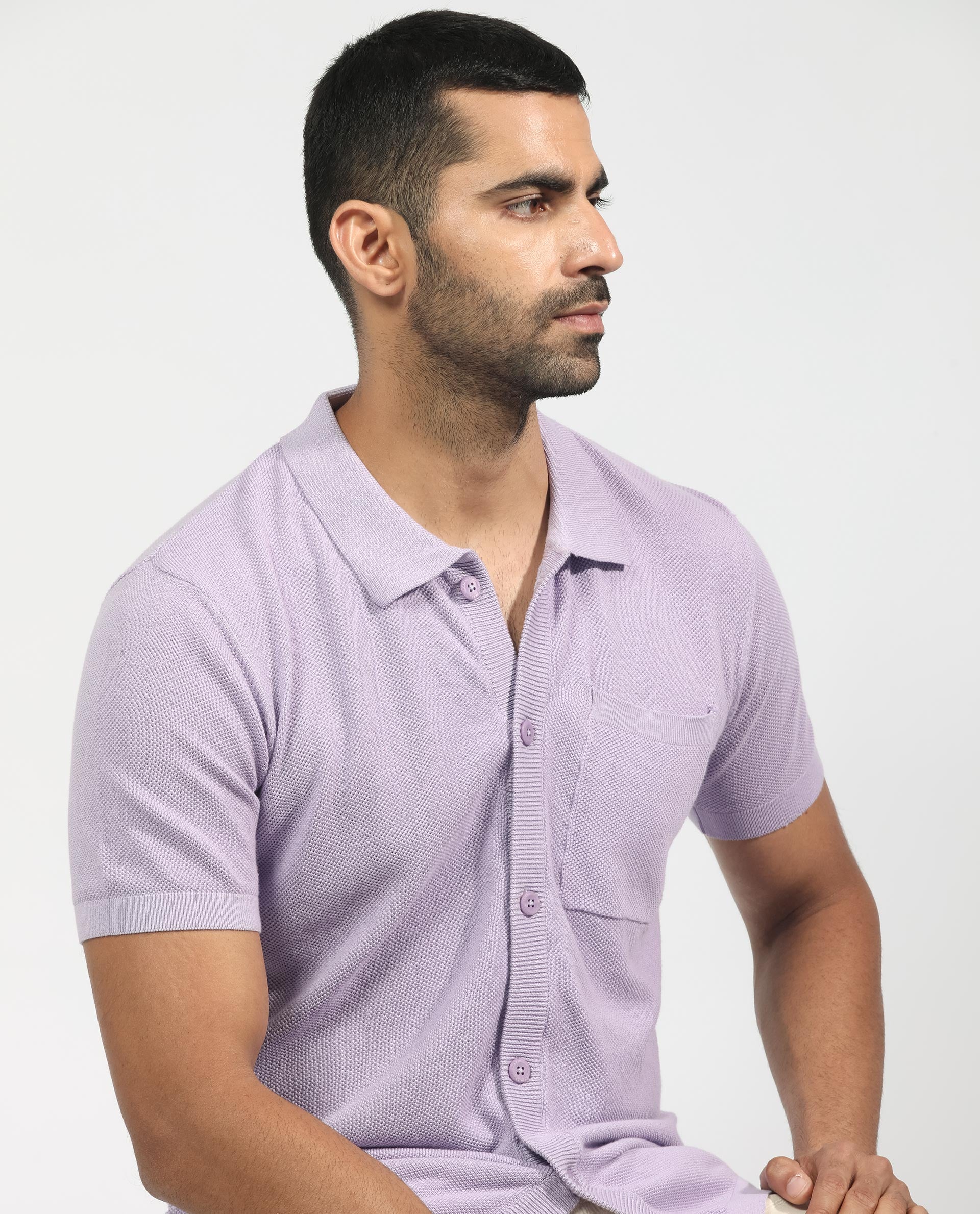 Rare Rabbit Men's Boise Ss Pastel Purple Cotton Fabric Half Sleeves Solid Knit Shirt