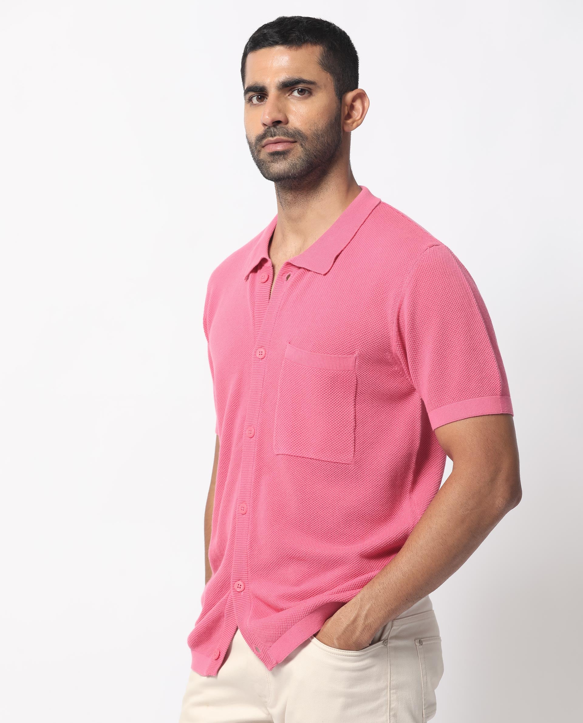 Rare Rabbit Men's Boise Ss Flouroscent Pink Cotton Fabric Half Sleeves Solid Knit Shirt