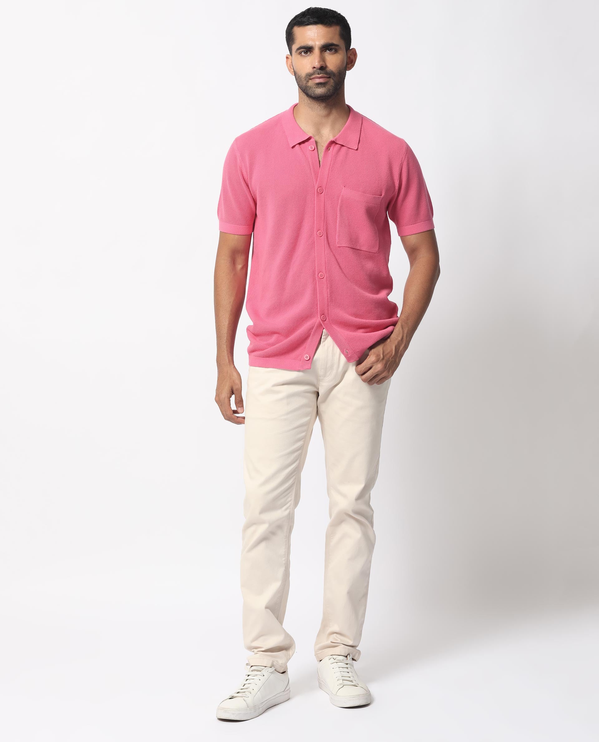 Rare Rabbit Men's Boise Ss Flouroscent Pink Cotton Fabric Half Sleeves Solid Knit Shirt