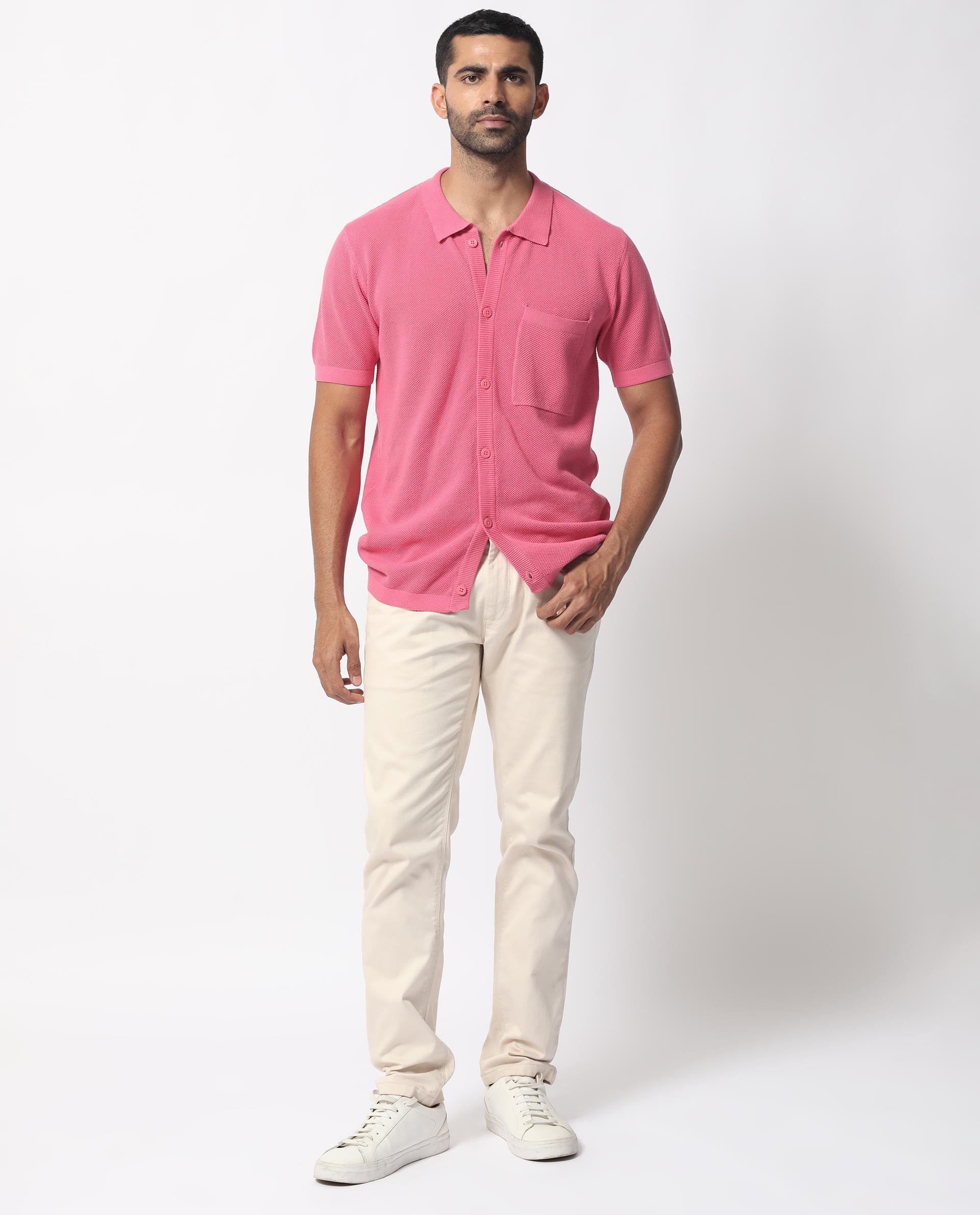 Rare Rabbit Men's Boise Ss Flouroscent Pink Cotton Fabric Half Sleeves Solid Knit Shirt