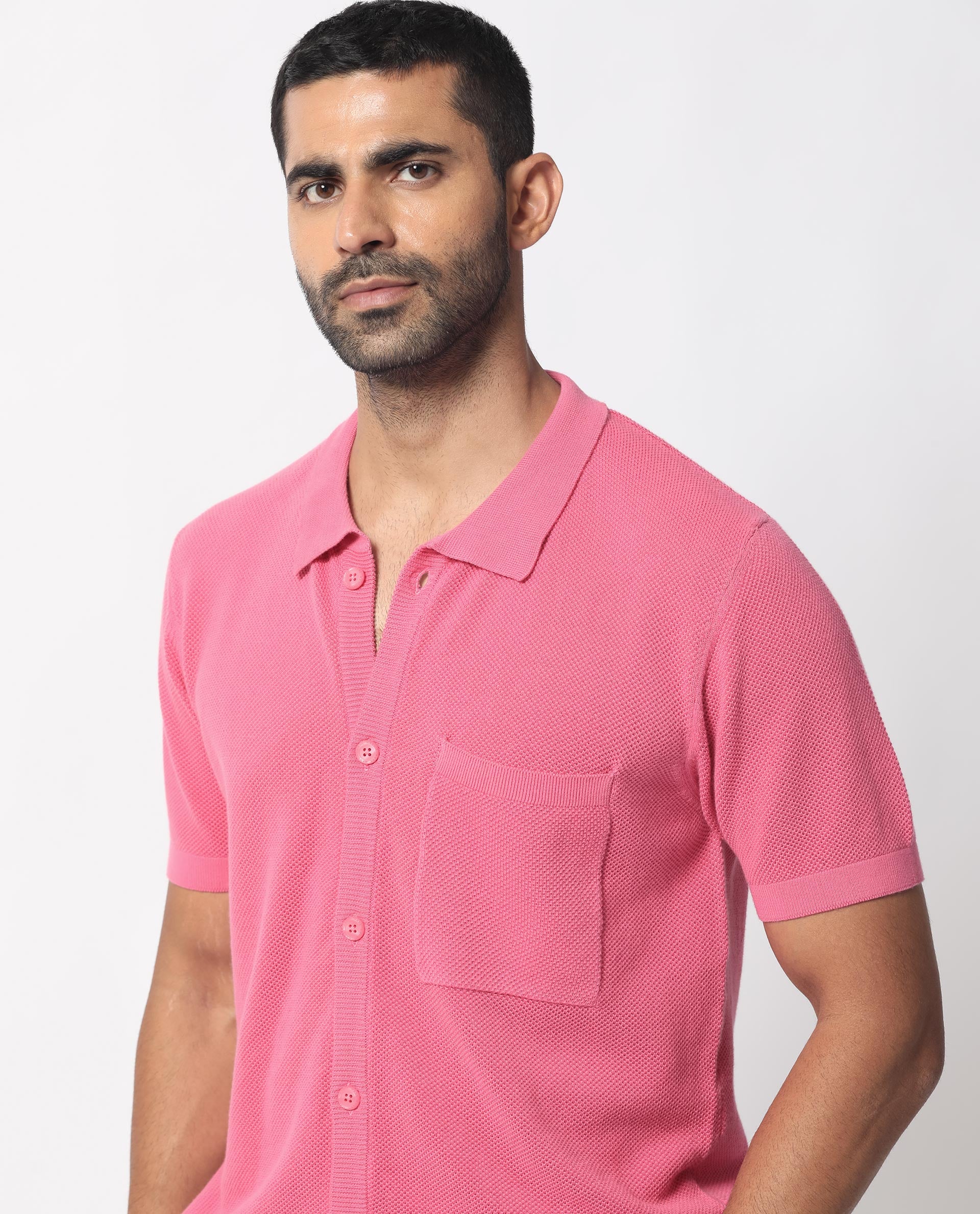 Rare Rabbit Men's Boise Ss Flouroscent Pink Cotton Fabric Half Sleeves Solid Knit Shirt