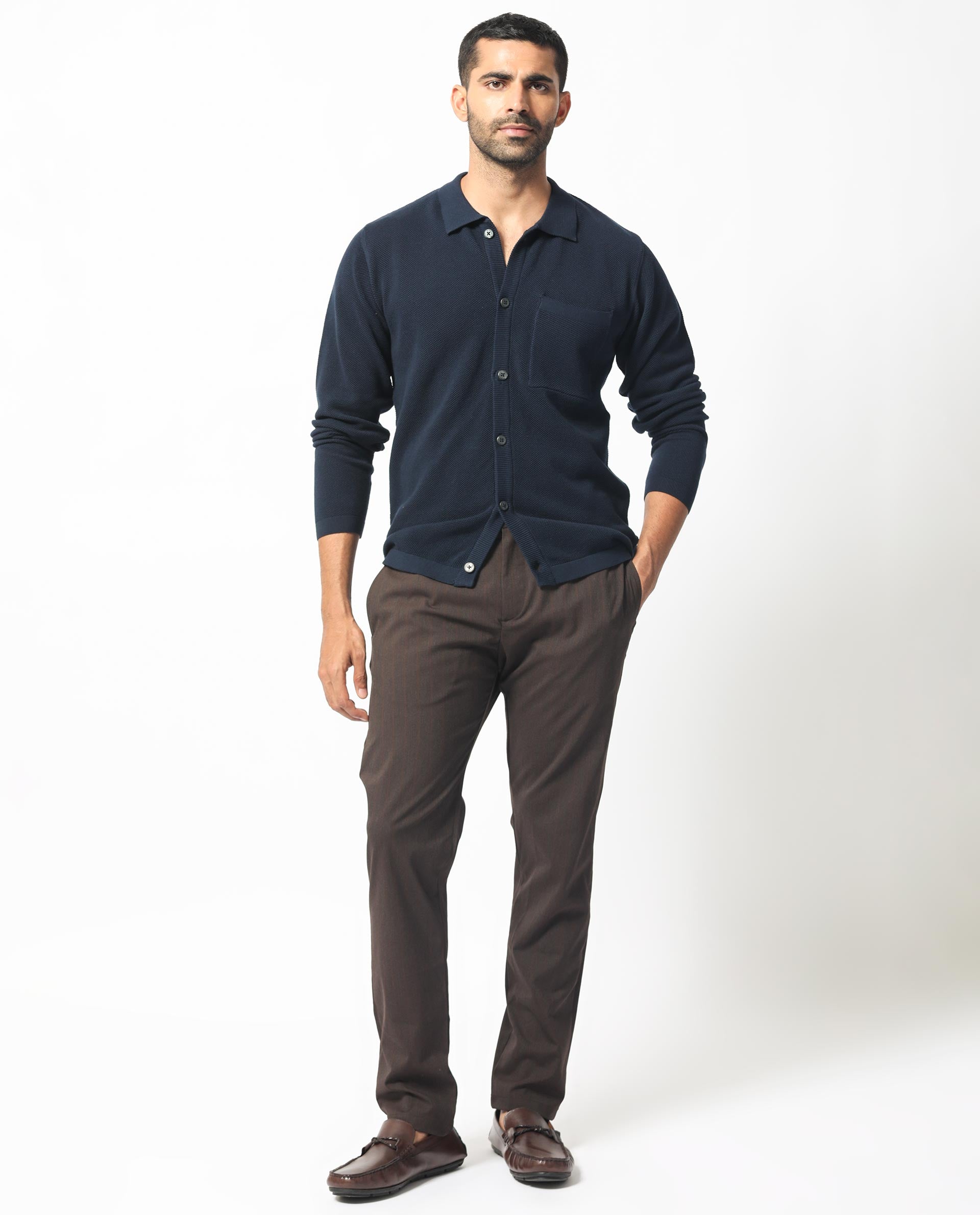 Rare Rabbit Men's Boise Ls Navy Cotton Fabric Full Sleeves Solid Knit Shirt