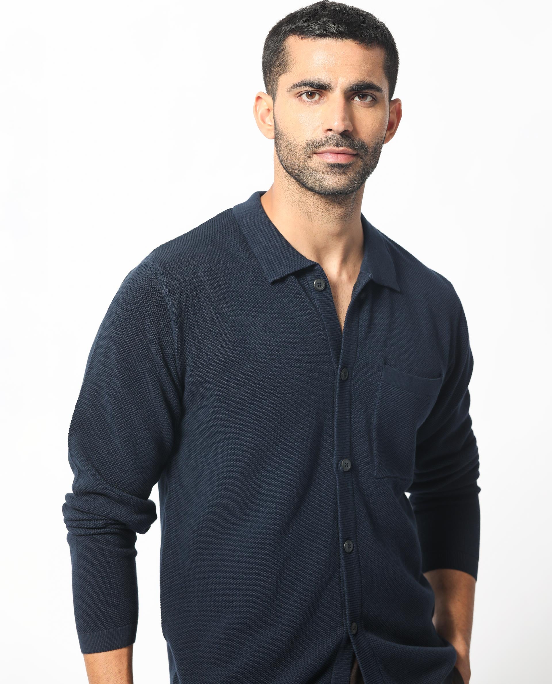 Rare Rabbit Men's Boise Ls Navy Cotton Fabric Full Sleeves Solid Knit Shirt