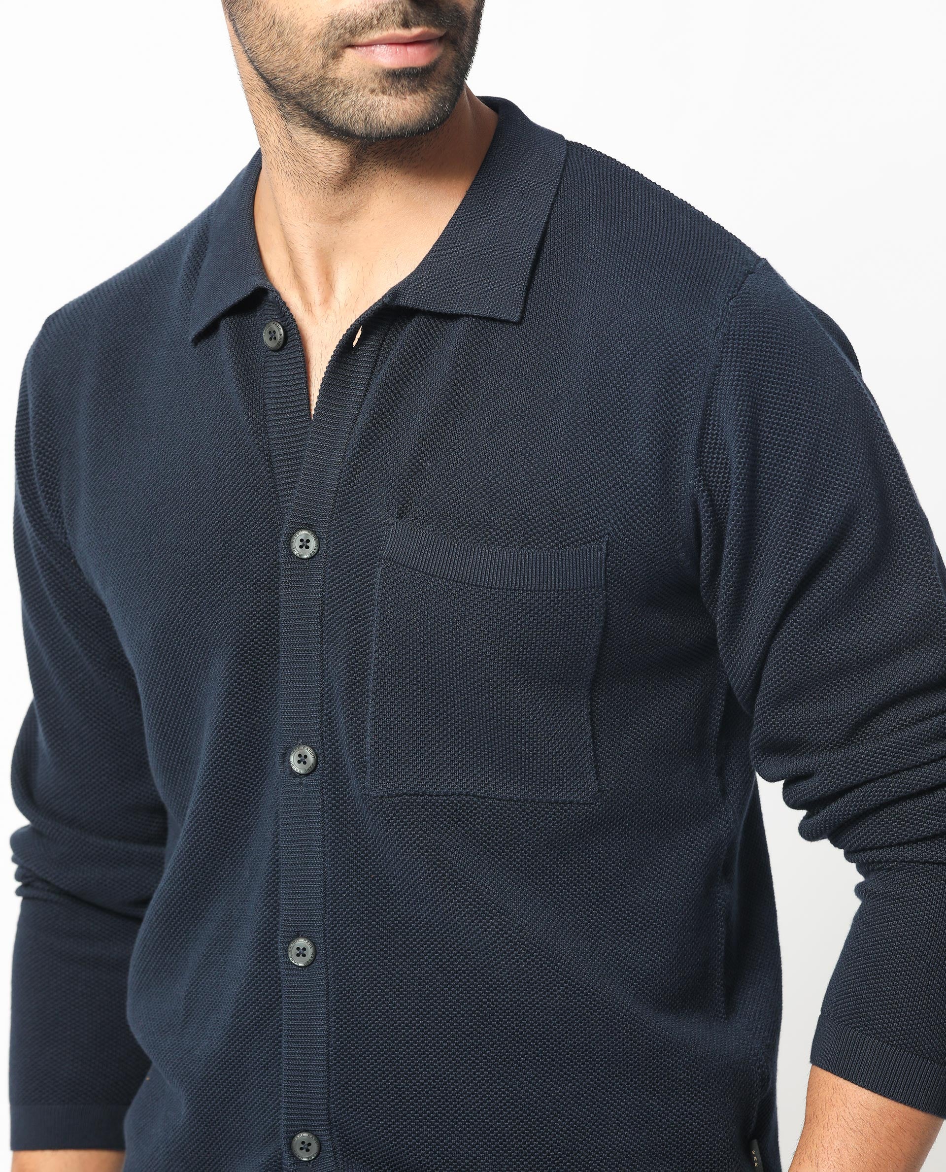 Rare Rabbit Men's Boise Ls Navy Cotton Fabric Full Sleeves Solid Knit Shirt