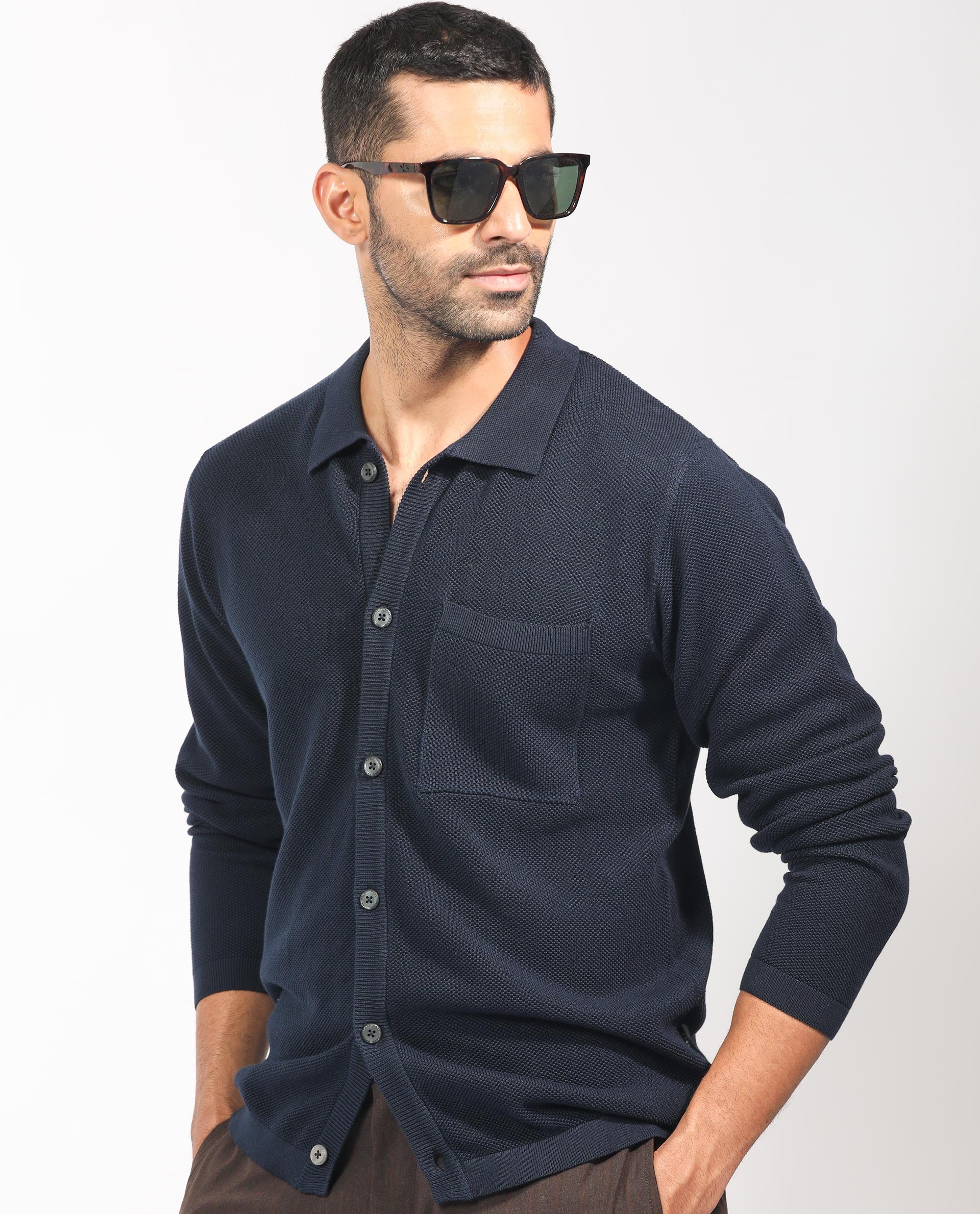 Rare Rabbit Men's Boise Ls Navy Cotton Fabric Full Sleeves Solid Knit Shirt