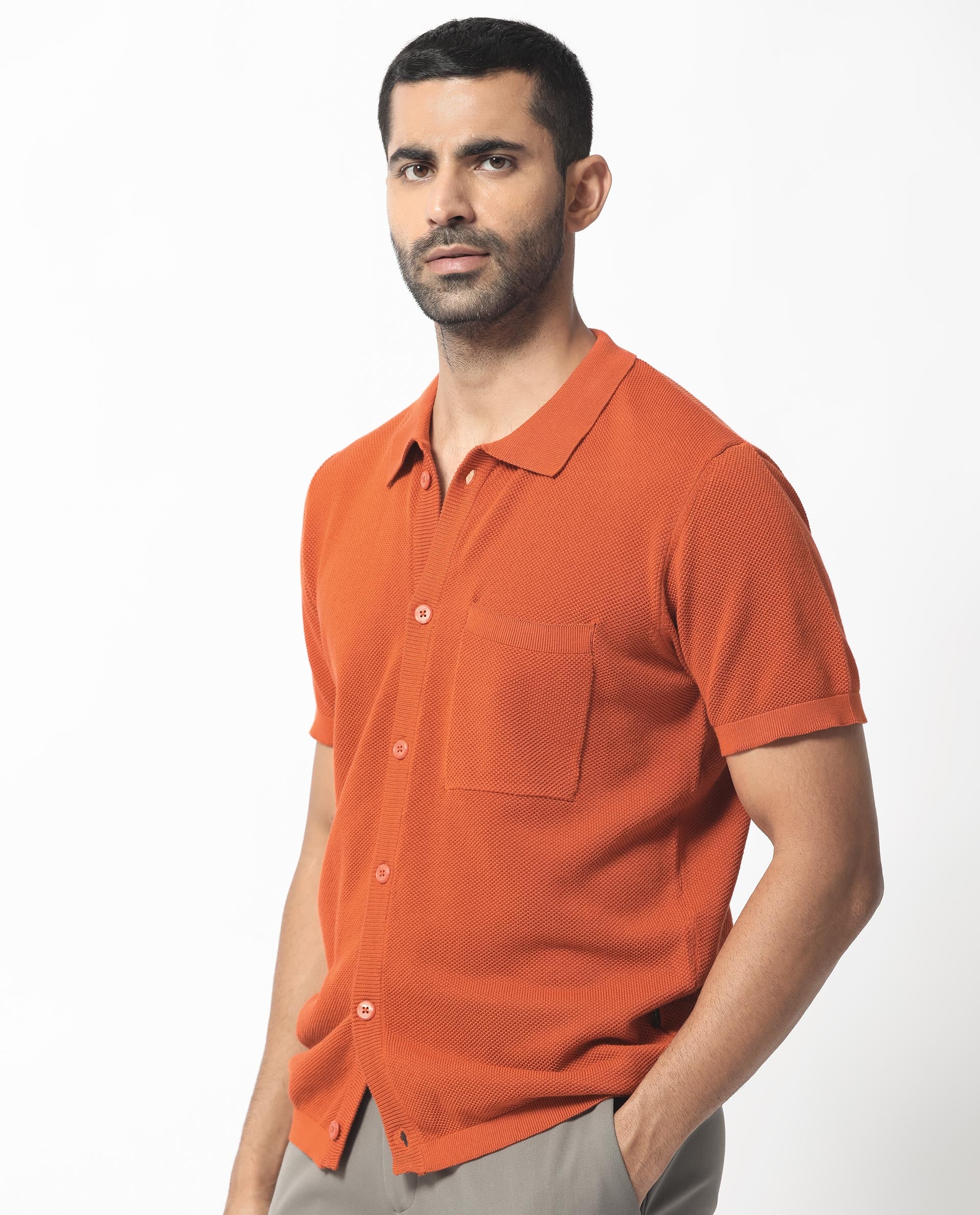 Rare Rabbit Men's Boise Ss Rust Cotton Fabric Half Sleeves Solid Knit Shirt