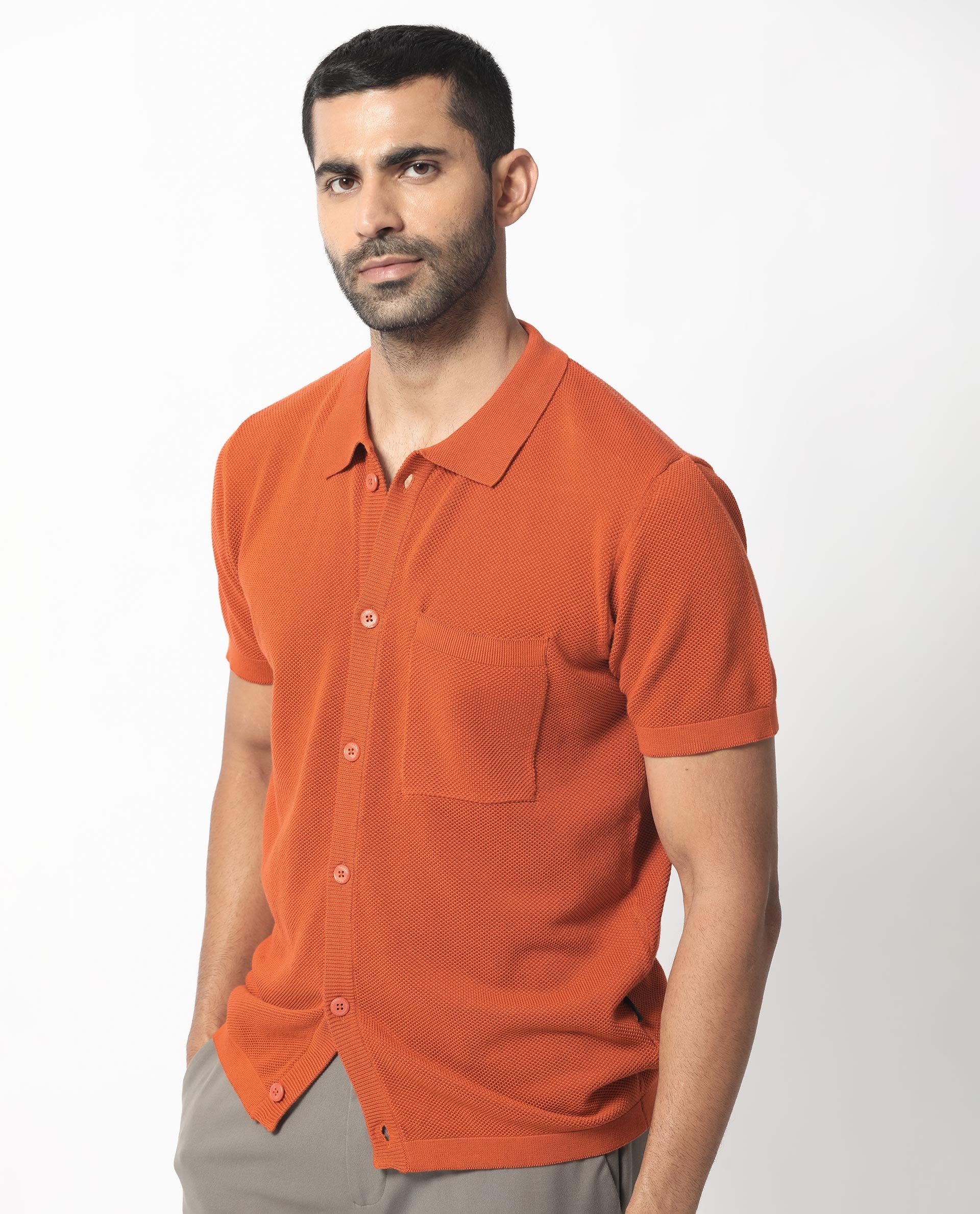 Rare Rabbit Men's Boise Ss Rust Cotton Fabric Half Sleeves Solid Knit Shirt