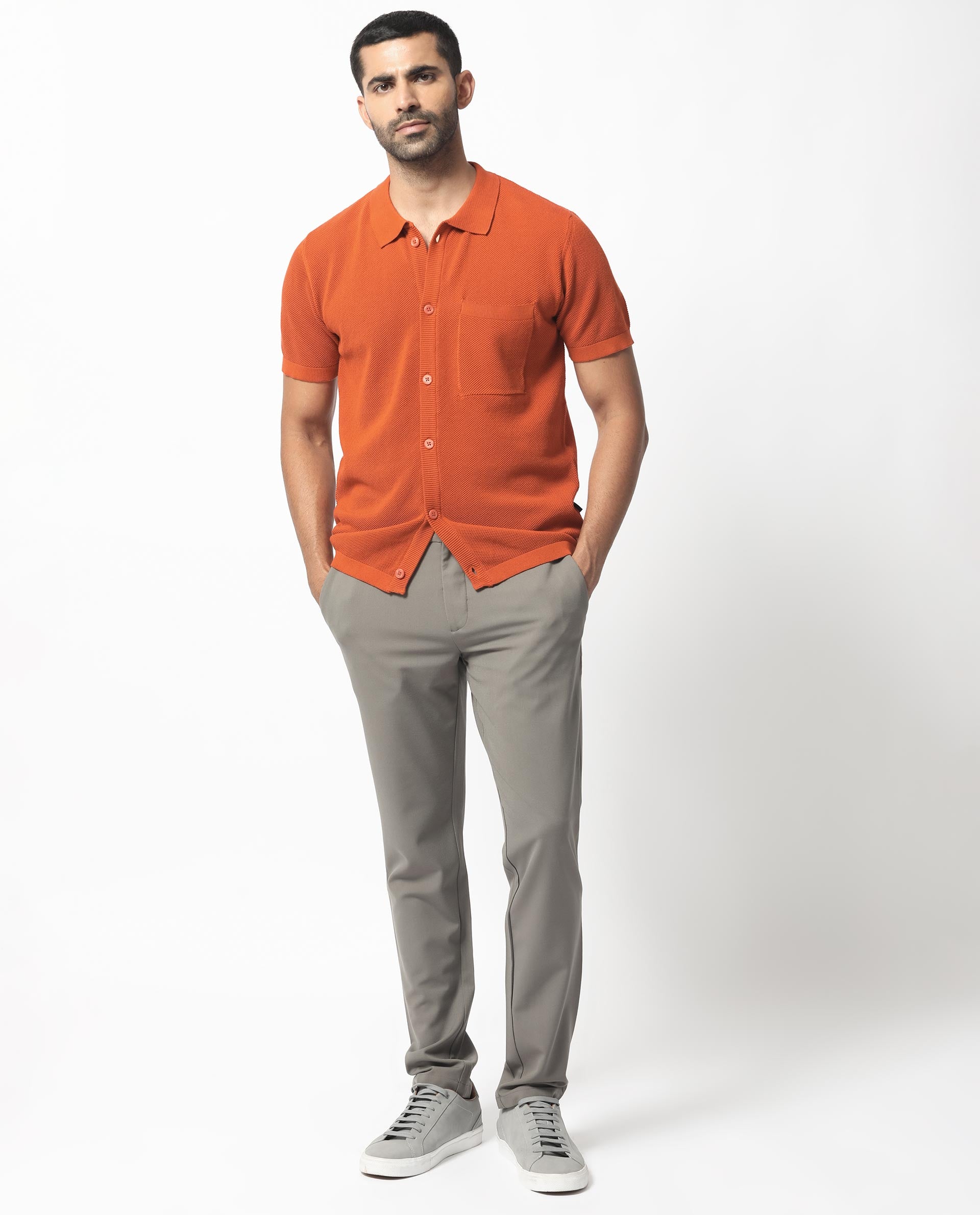 Rare Rabbit Men's Boise Ss Rust Cotton Fabric Half Sleeves Solid Knit Shirt