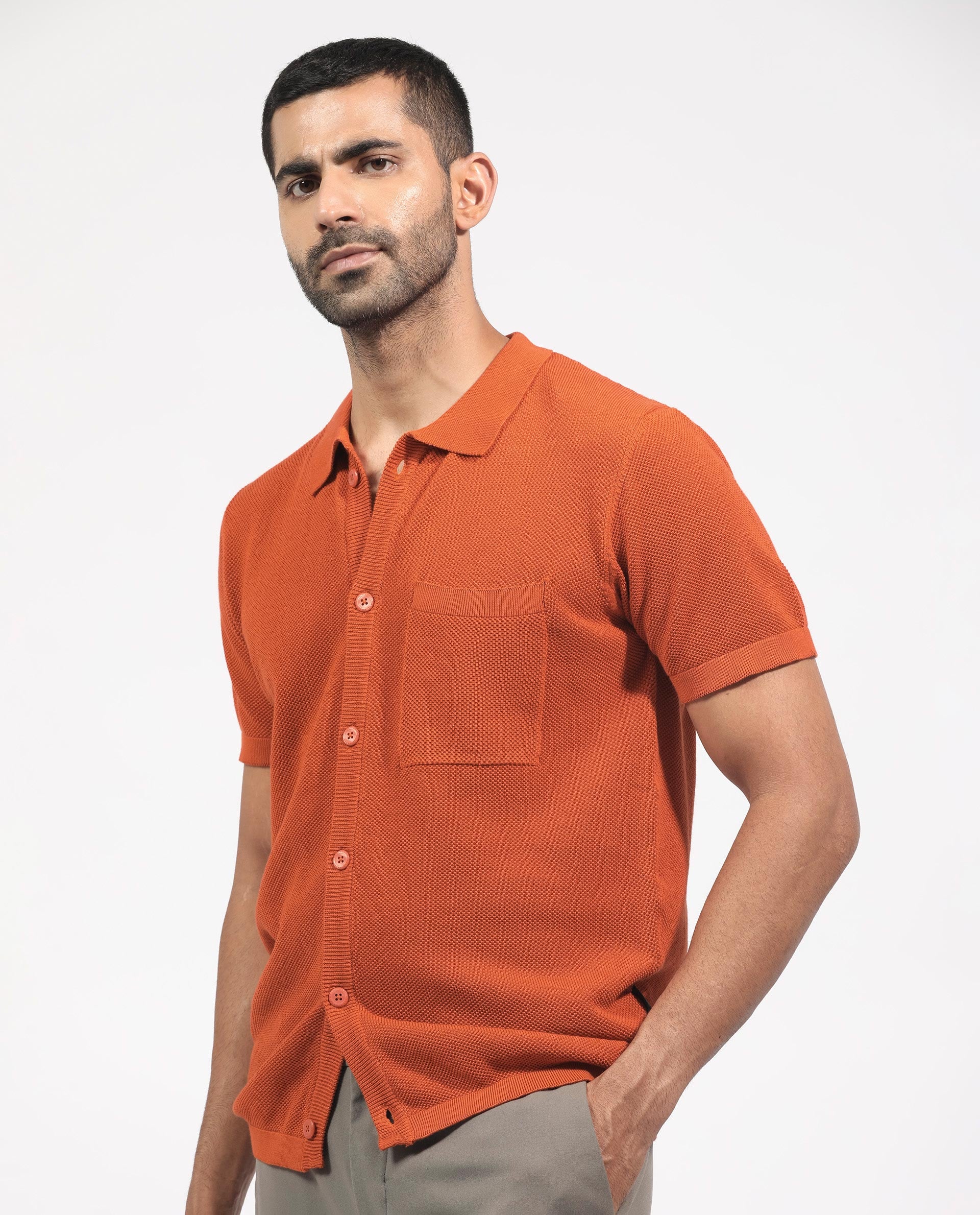 Rare Rabbit Men's Boise Ss Rust Cotton Fabric Half Sleeves Solid Knit Shirt