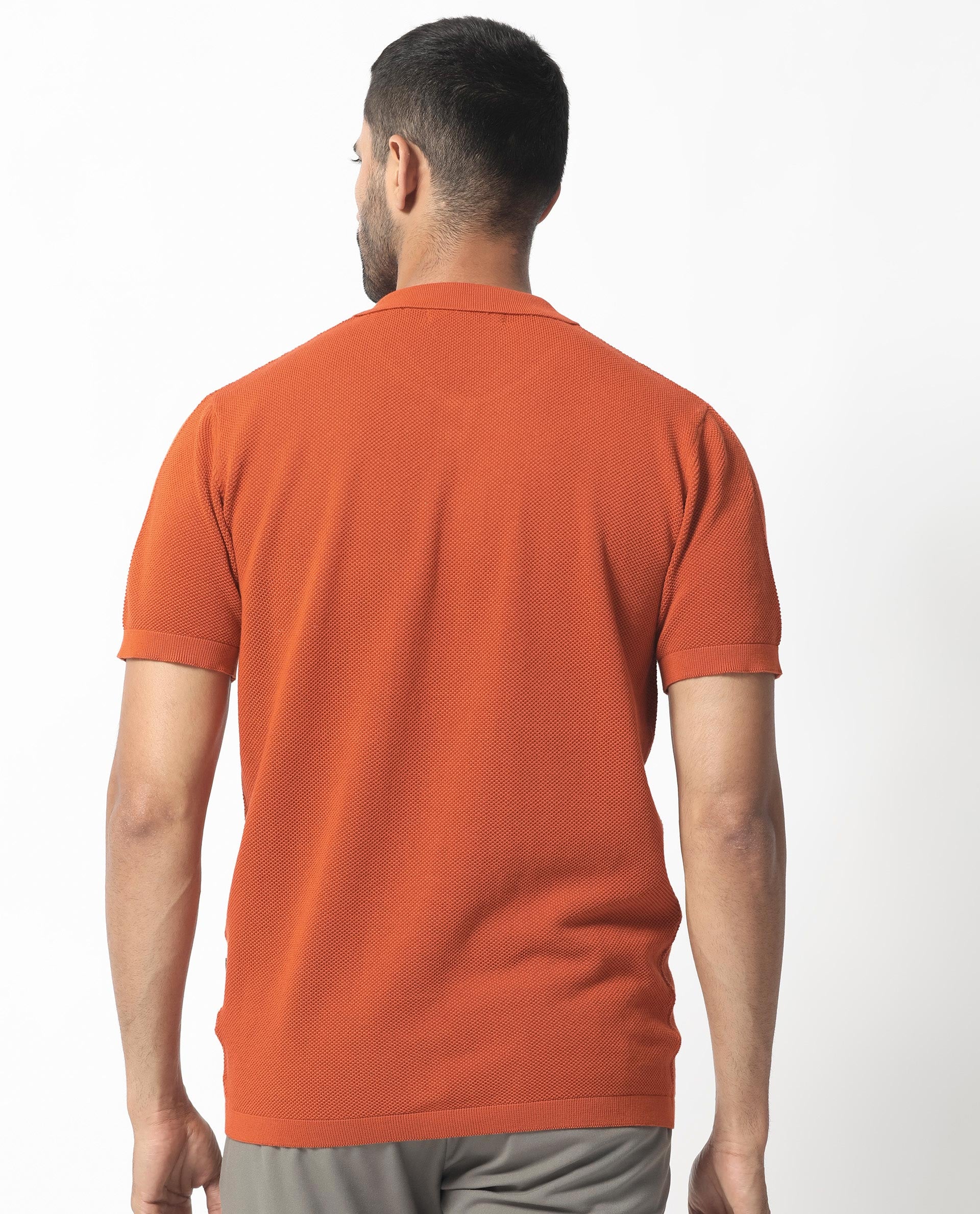 Rare Rabbit Men's Boise Ss Rust Cotton Fabric Half Sleeves Solid Knit Shirt