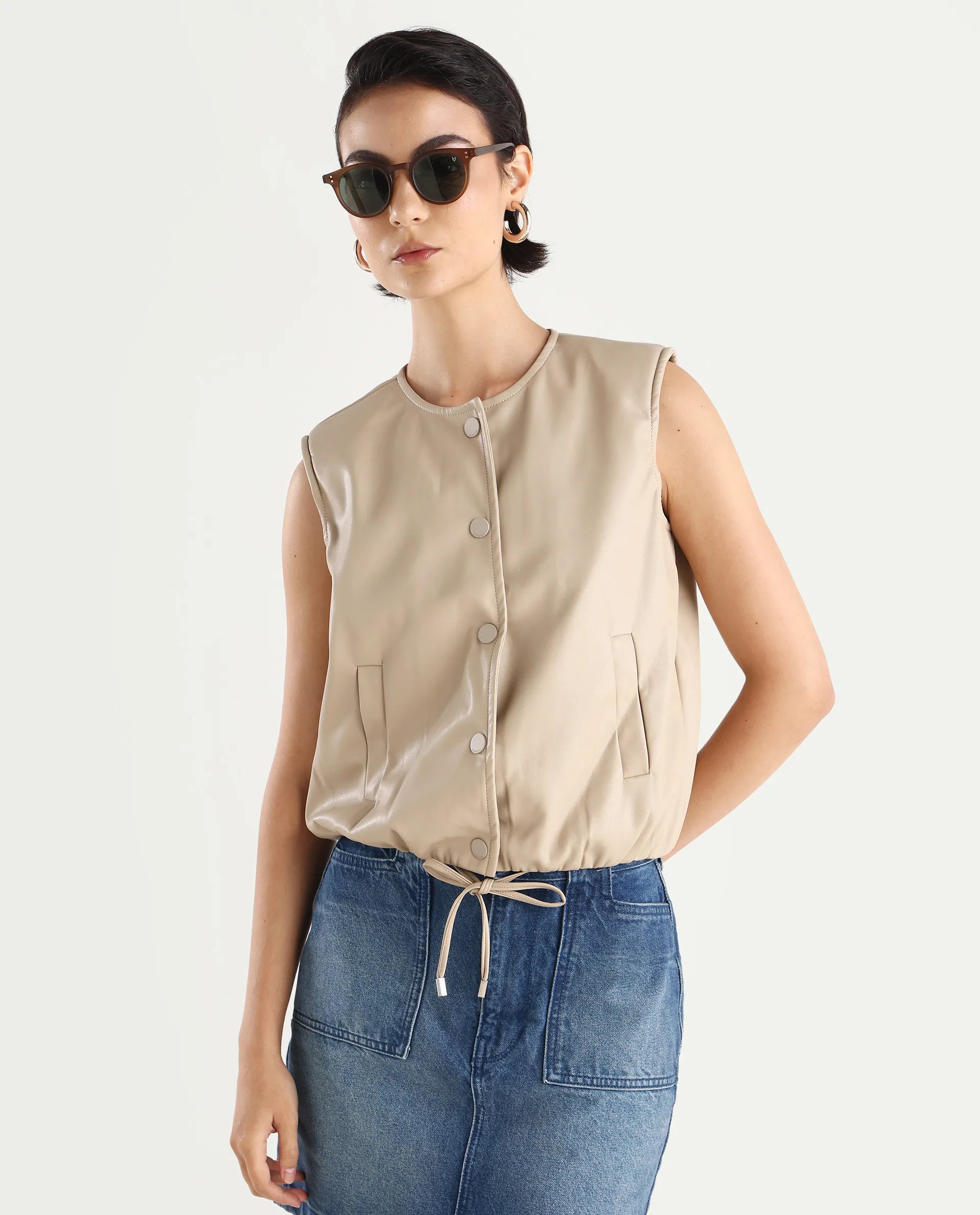 Rareism Women's Bojur - Light Brown Knit Round Neck Plain Sleeveless Boxy Fit Jacket