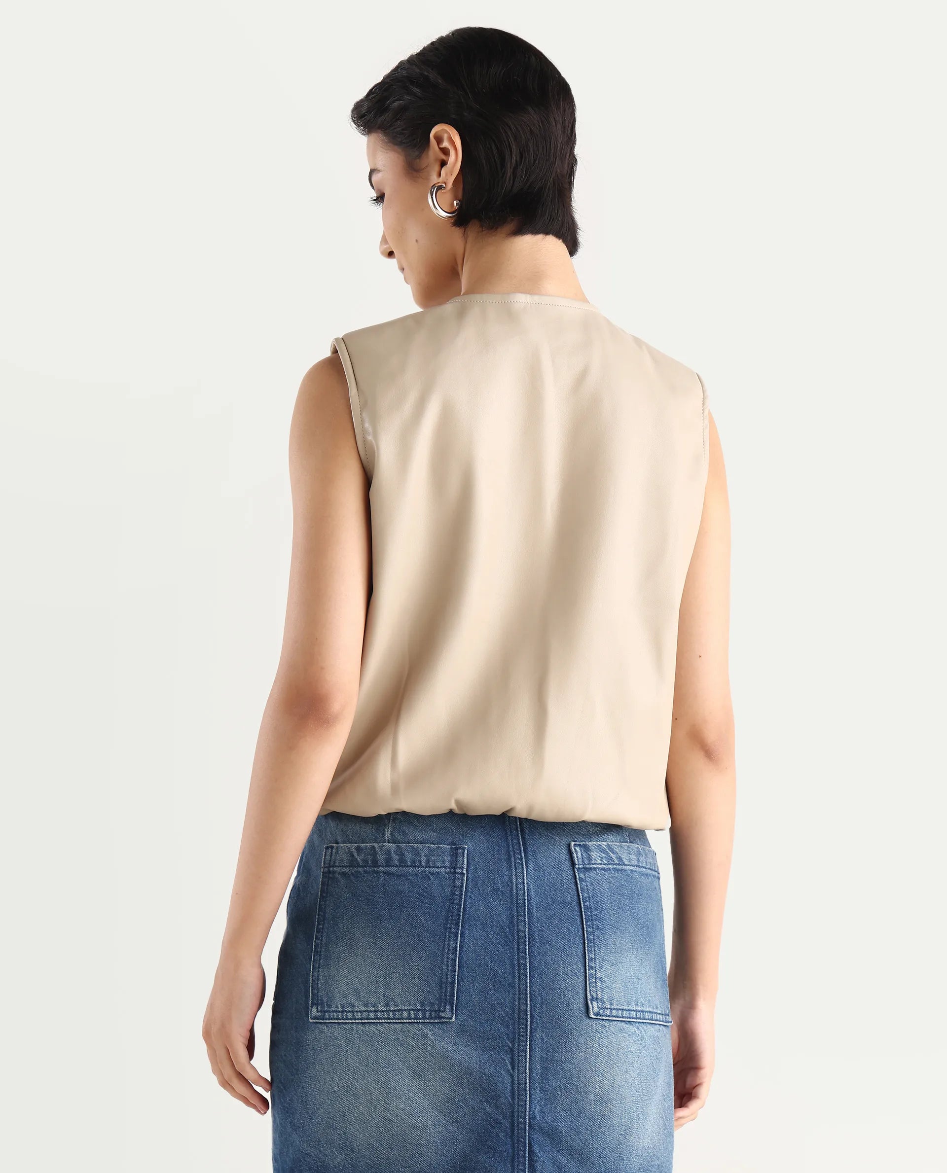 Rareism Women's Bojur - Light Brown Knit Round Neck Plain Sleeveless Boxy Fit Jacket