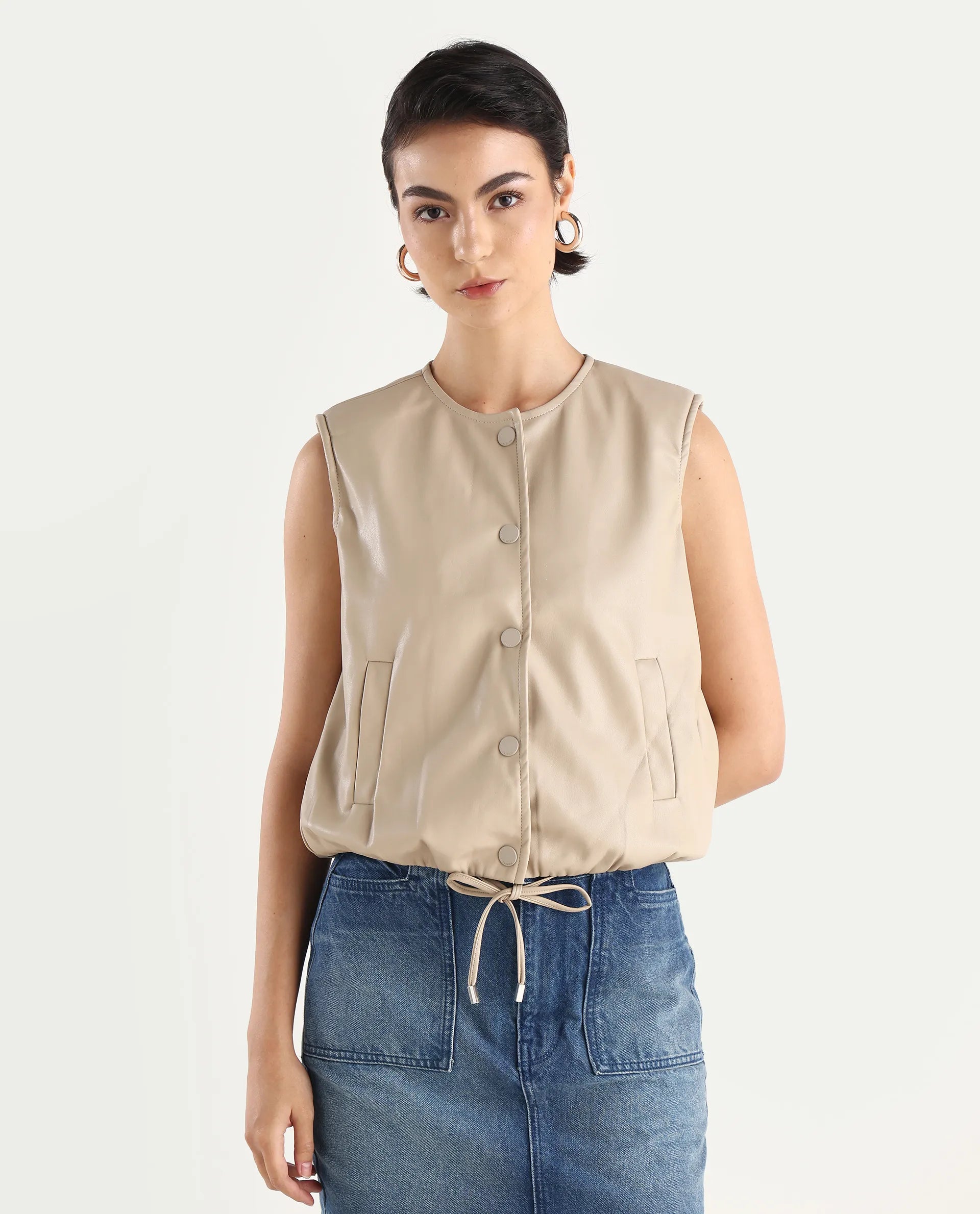 Rareism Women's Bojur - Light Brown Knit Round Neck Plain Sleeveless Boxy Fit Jacket