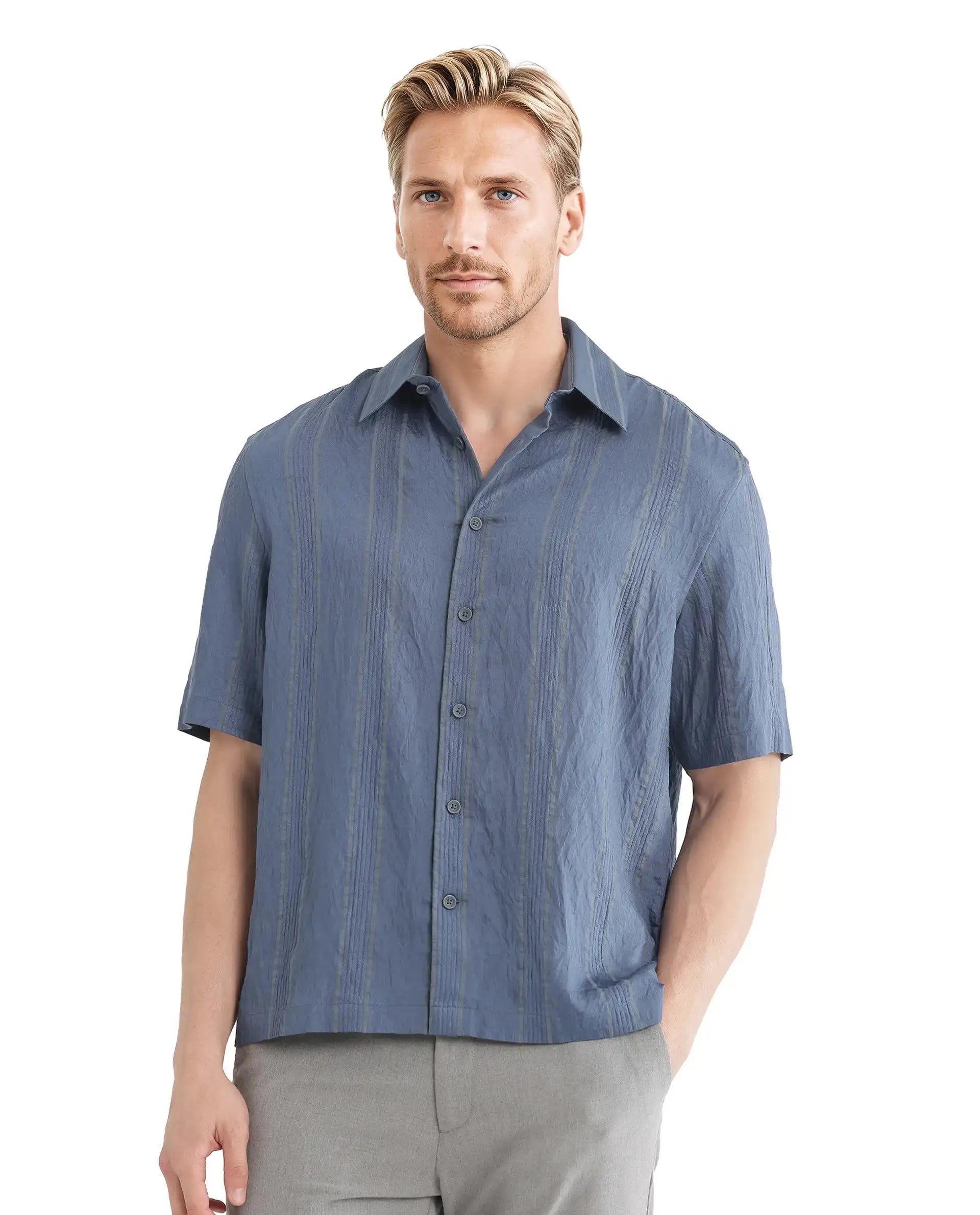 Rare Rabbit Men's Boks Dusky Blue Viscose Blend Striped Print Relaxed Fit Half Sleeve Collared Shirt