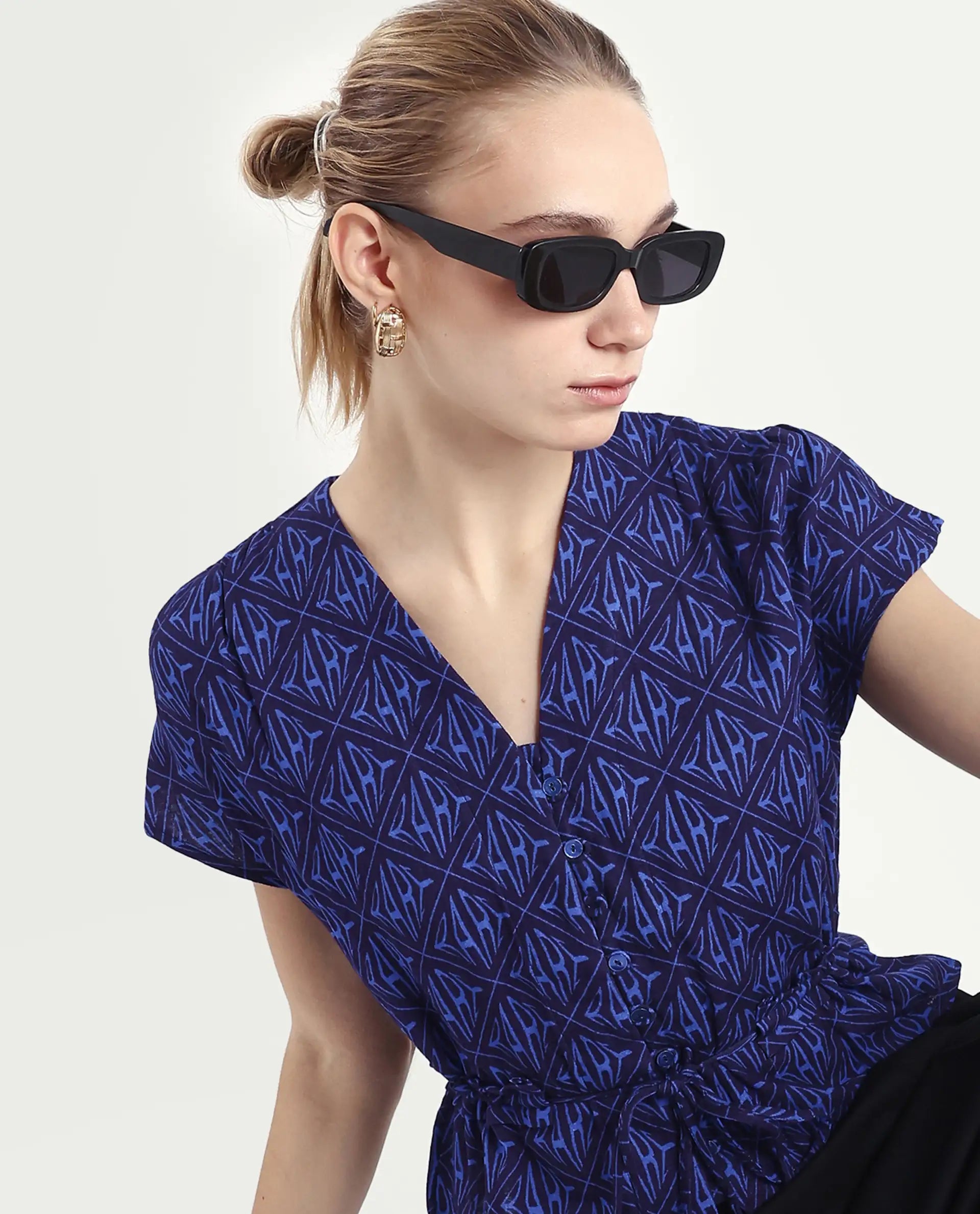 Rareism Women's Bolgan Dark Blue Cotton Blend V-Neck Monogram Print Extended Sleeves Crop Regular Fit Top