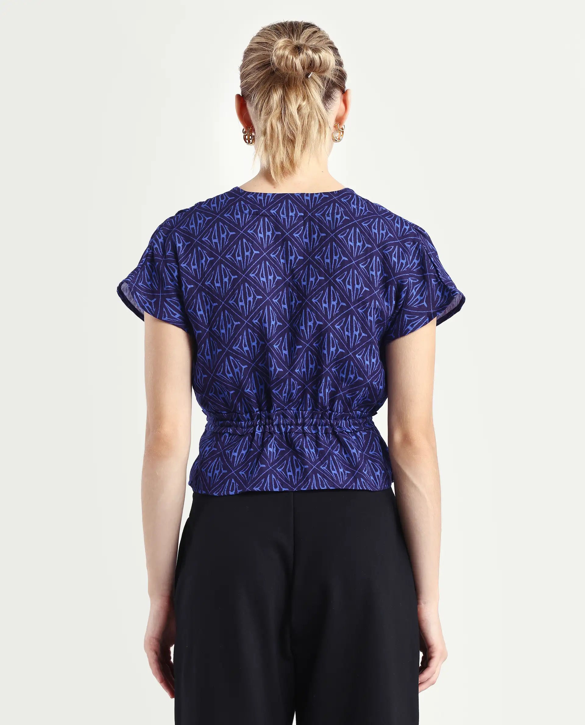 Rareism Women's Bolgan Dark Blue Cotton Blend V-Neck Monogram Print Extended Sleeves Crop Regular Fit Top