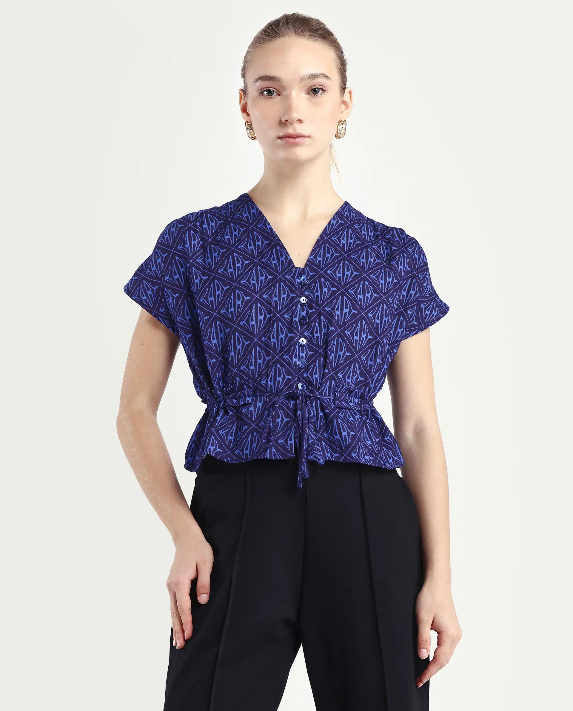 Rareism Women's Bolgan Dark Blue Cotton Blend V-Neck Monogram Print Extended Sleeves Crop Regular Fit Top