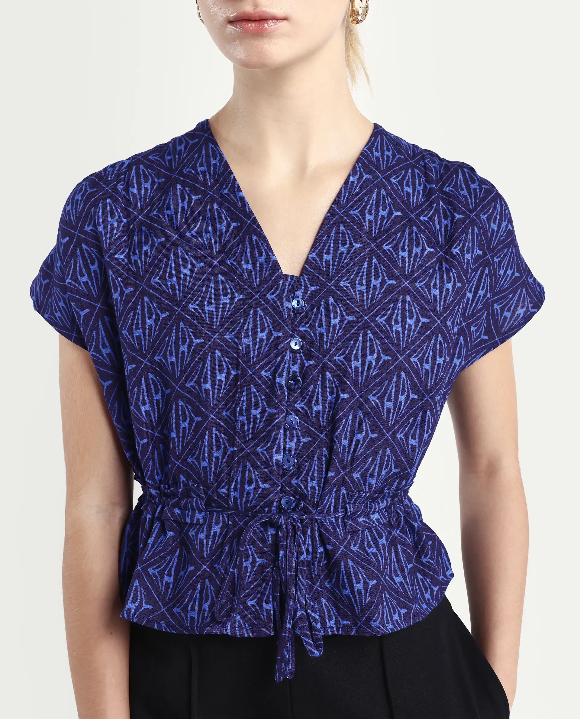 Rareism Women's Bolgan Dark Blue Cotton Blend V-Neck Monogram Print Extended Sleeves Crop Regular Fit Top