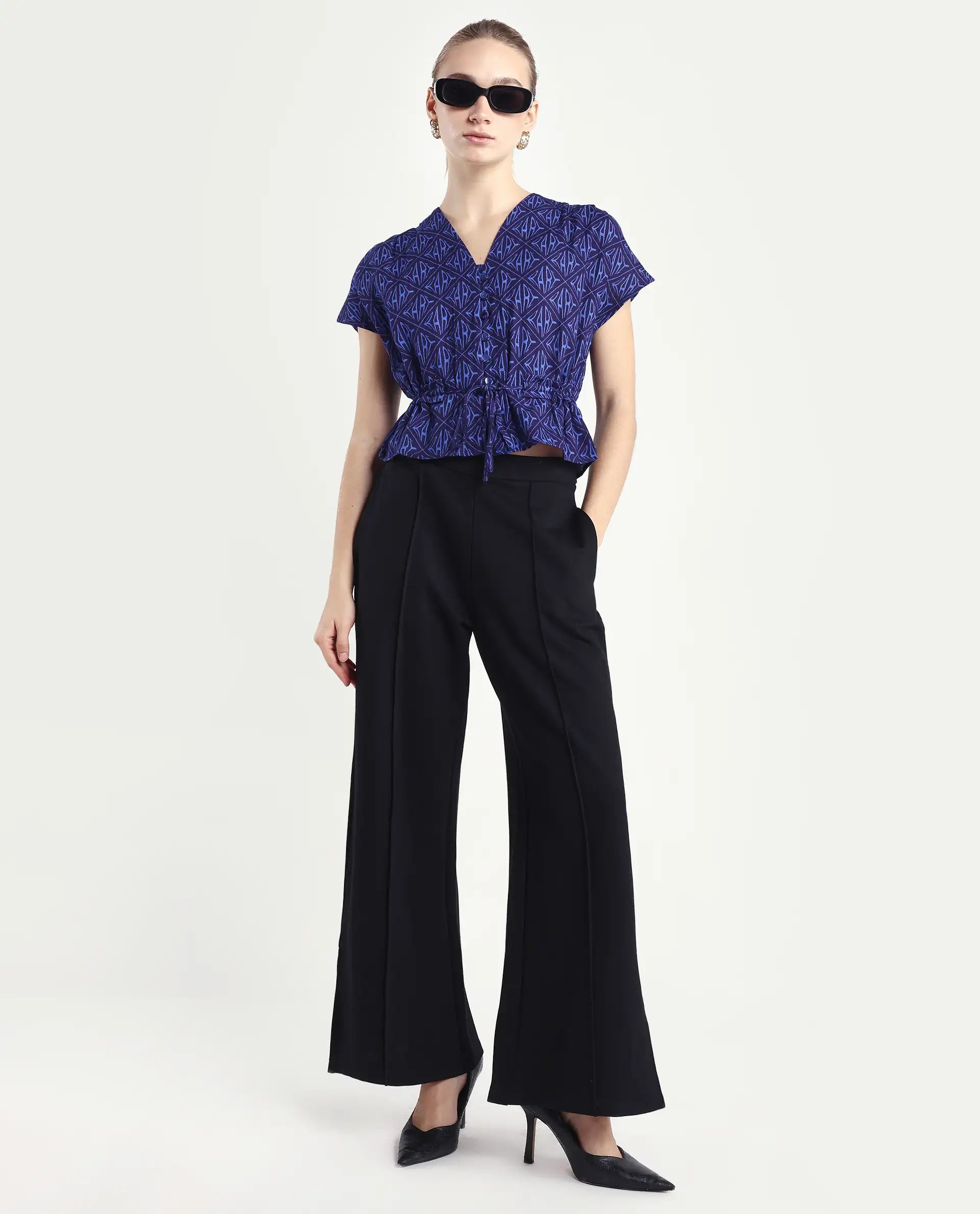 Rareism Women's Bolgan Dark Blue Cotton Blend V-Neck Monogram Print Extended Sleeves Crop Regular Fit Top