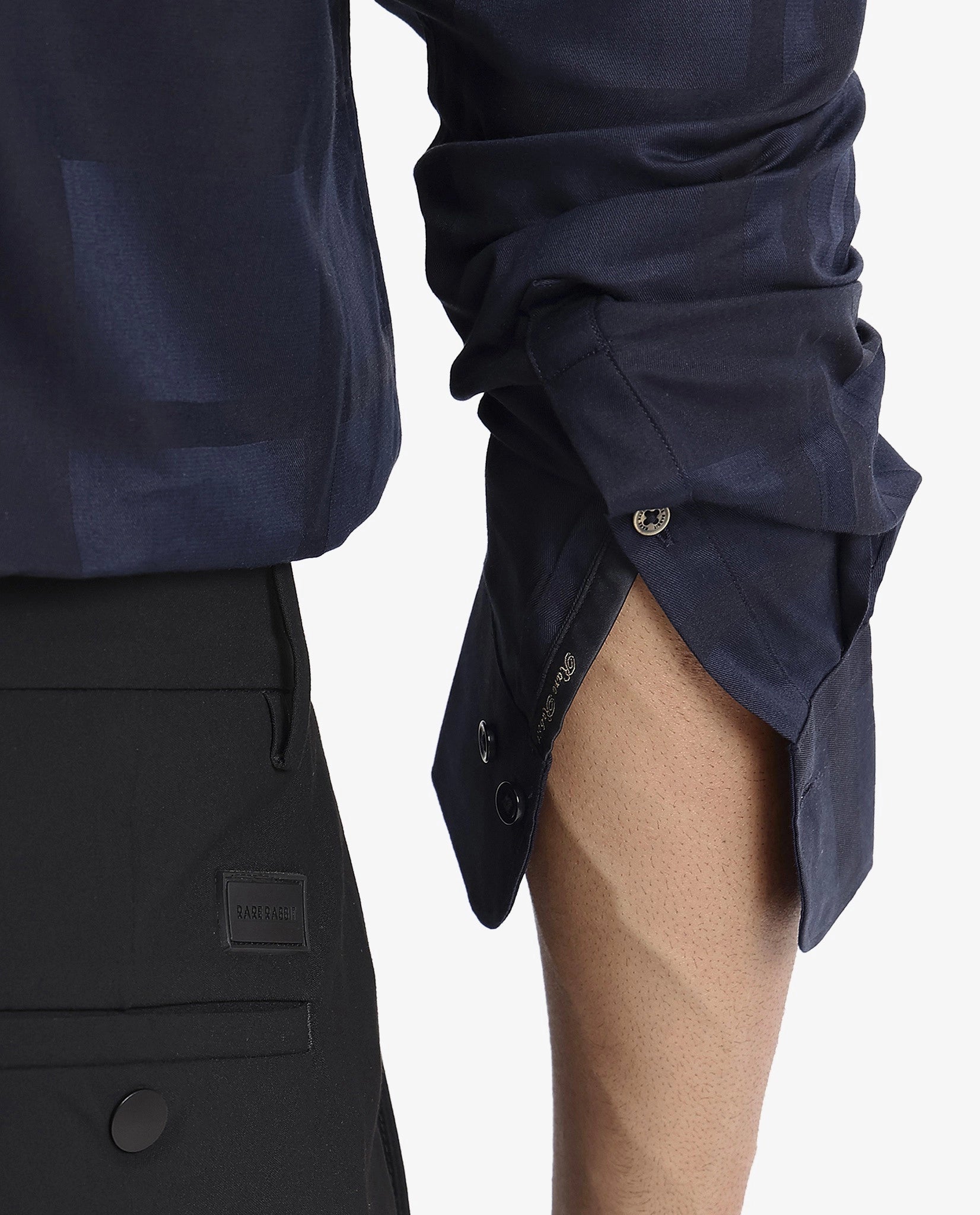 Rare Rabbit Men Bolin Dark Navy Cotton Lyocell Fabric Full Sleeve Regular Fit Tonal Check Shirt