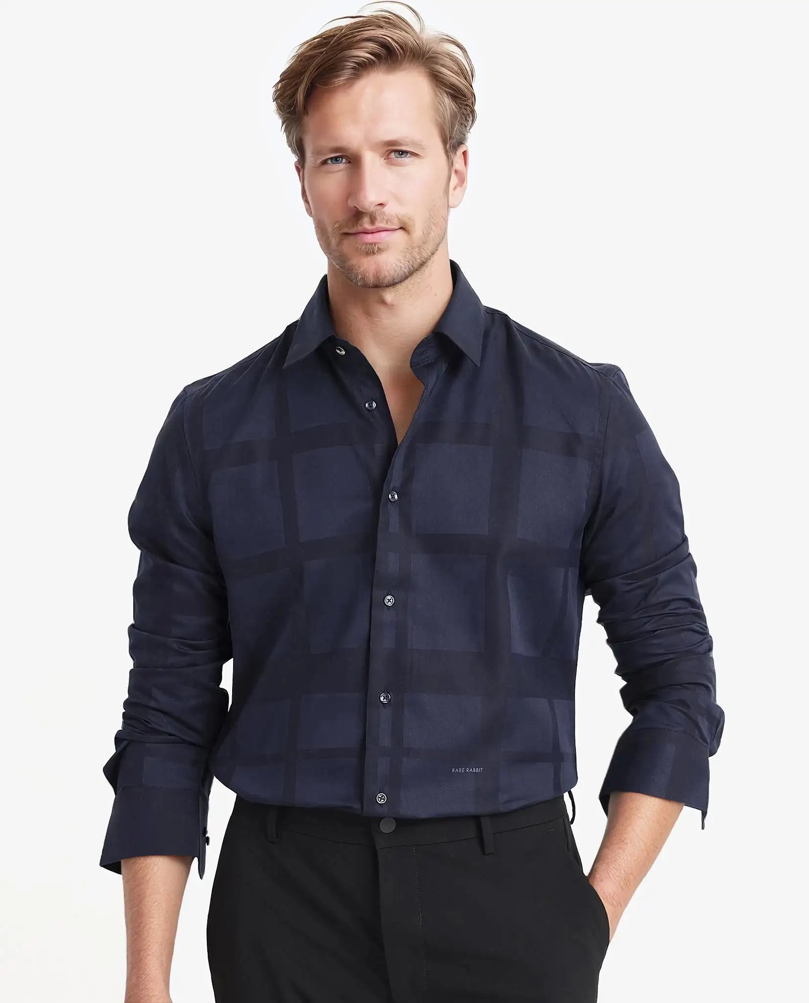 Rare Rabbit Men Bolin Dark Navy Cotton Lyocell Fabric Full Sleeve Regular Fit Tonal Check Shirt