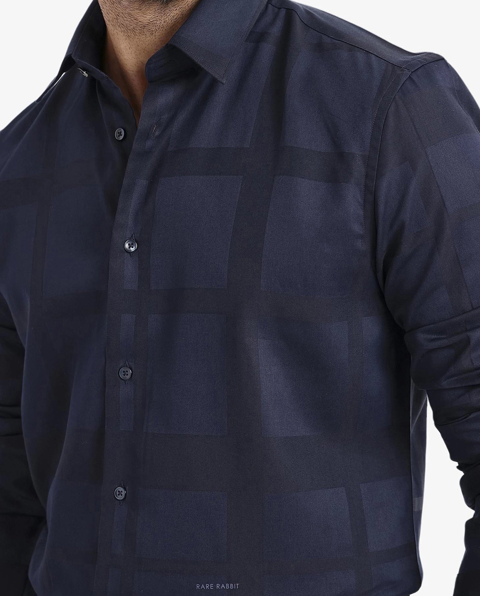Rare Rabbit Men Bolin Dark Navy Cotton Lyocell Fabric Full Sleeve Regular Fit Tonal Check Shirt
