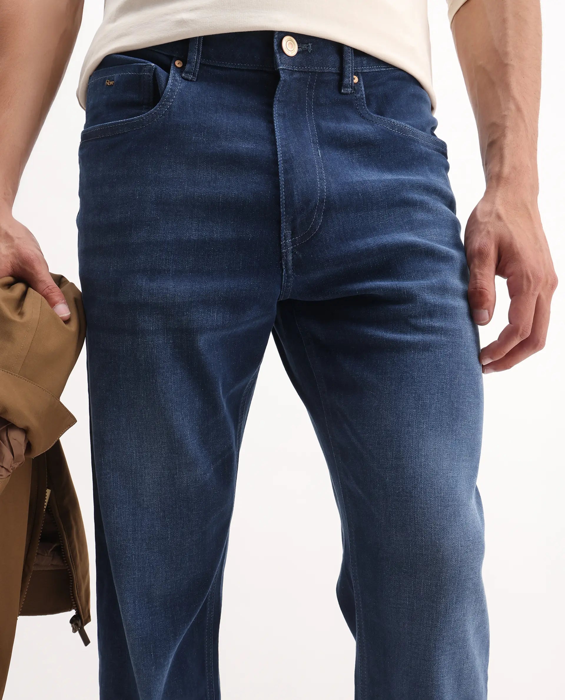 Rare Rabbit Men's Bolt Blue Cotton Blend Plain Morris Regular Fit Jeans