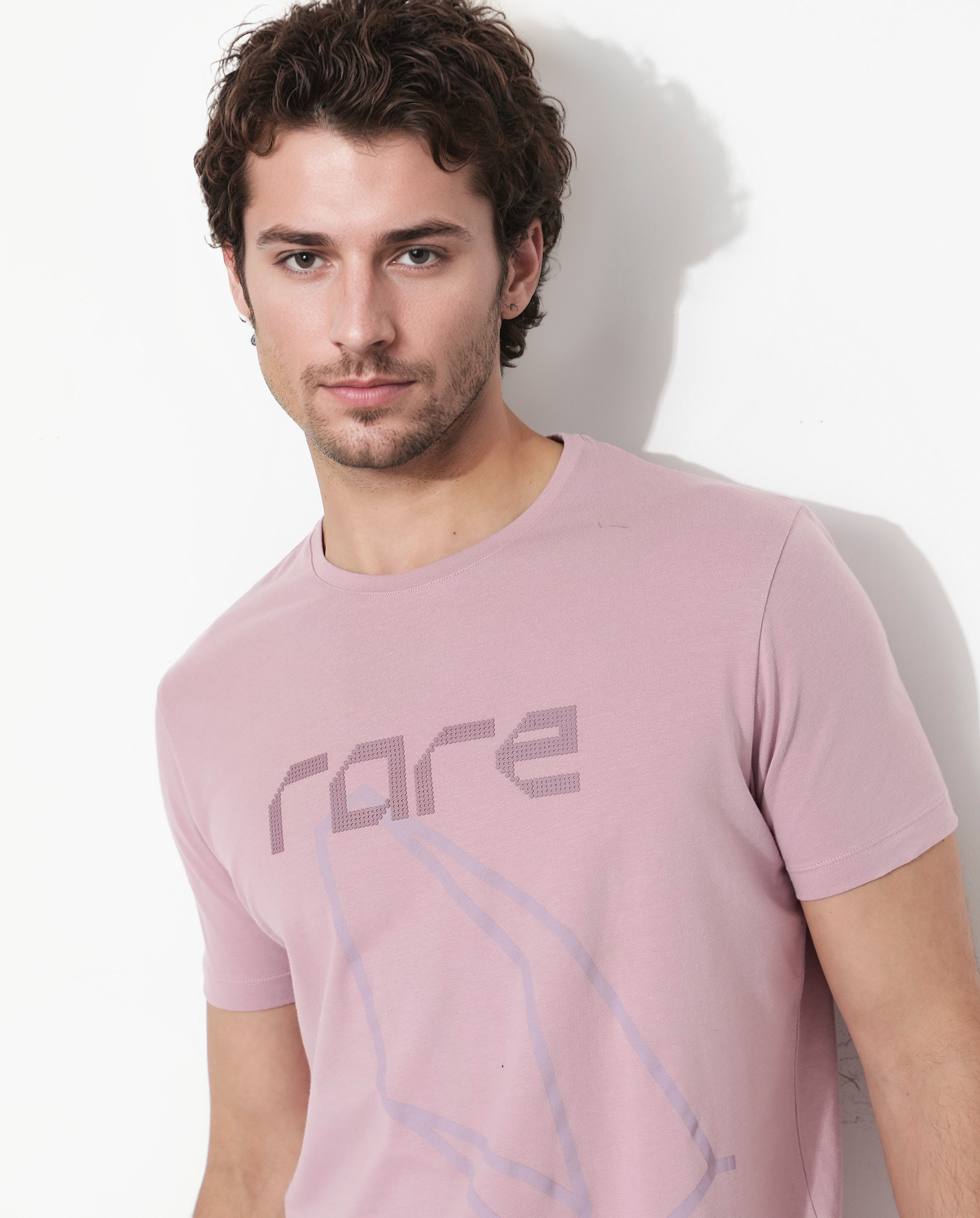 Rare Rabbit Articale Mens Bolt Dusky Pink Cotton Lycra Fabric Short Sleeve Crew Neck Regular Fit Graphic Print T-Shirt