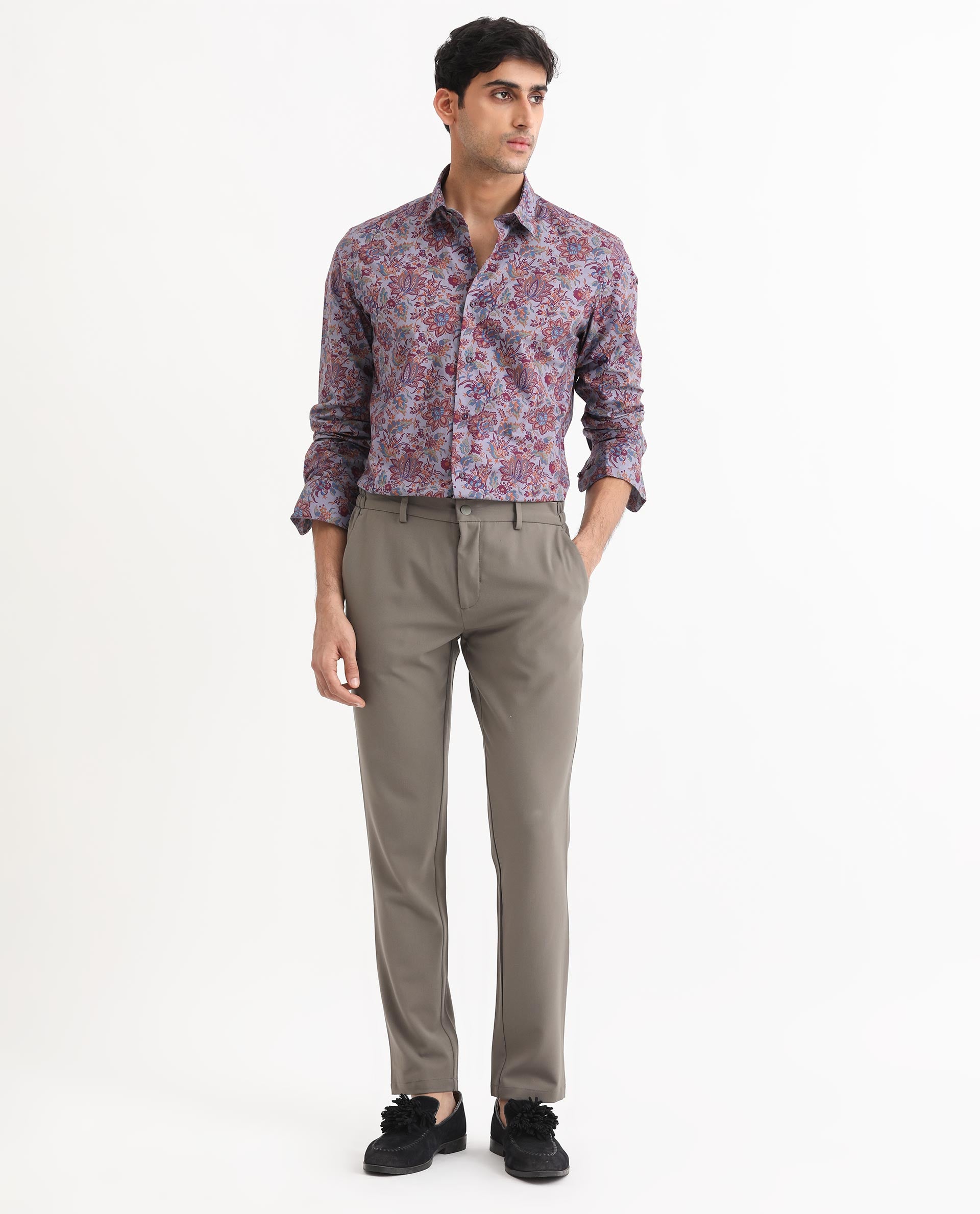 Rare Rabbit Men's Boltonn Pastel Purple Cotton Fabric Floral Print Full Sleeves Shirt