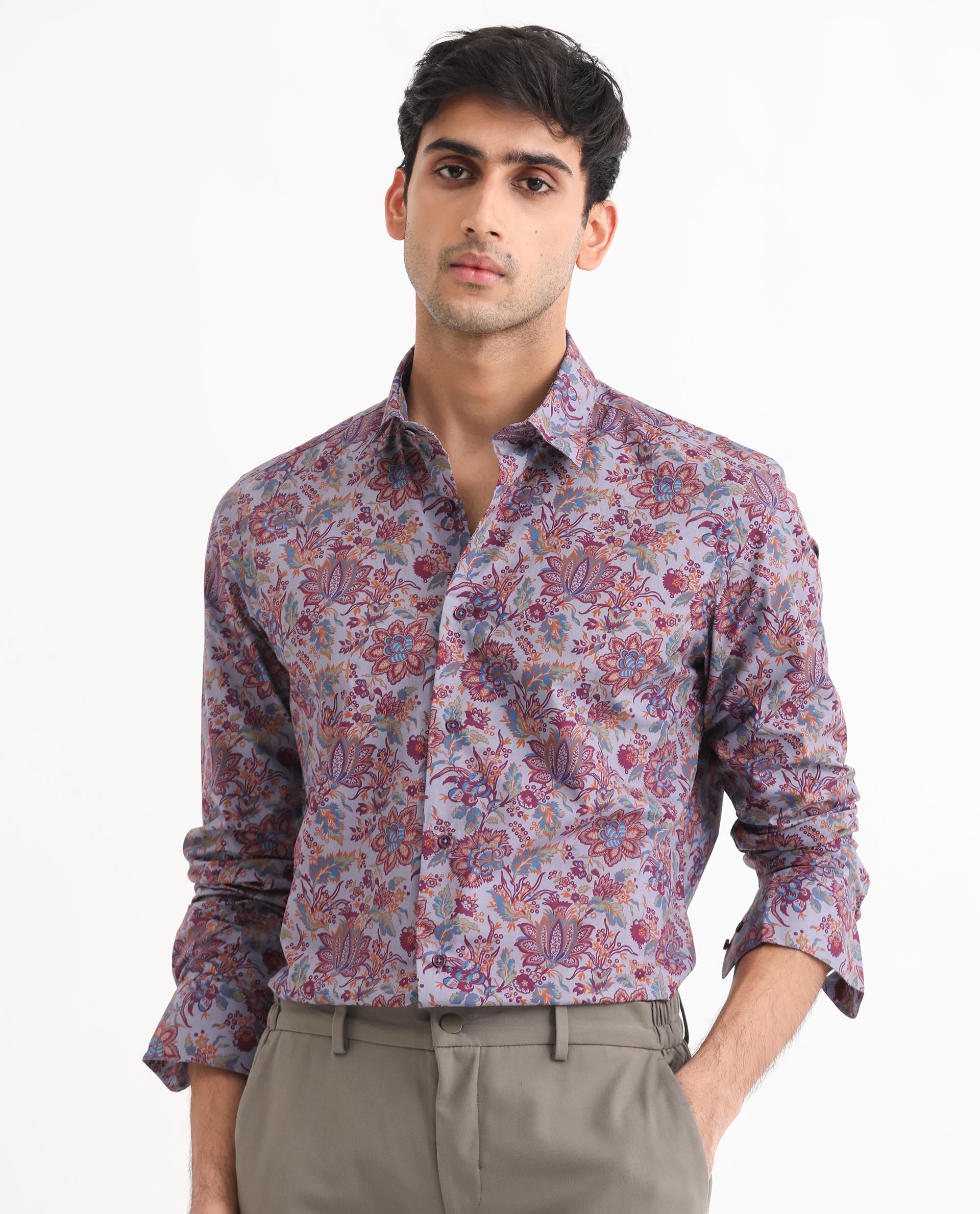Rare Rabbit Men's Boltonn Pastel Purple Cotton Fabric Floral Print Full Sleeves Shirt