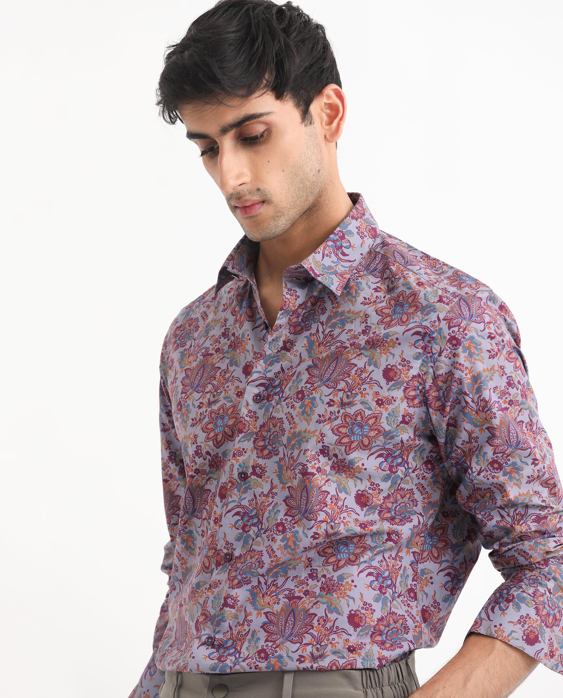 Rare Rabbit Men's Boltonn Pastel Purple Cotton Fabric Floral Print Full Sleeves Shirt