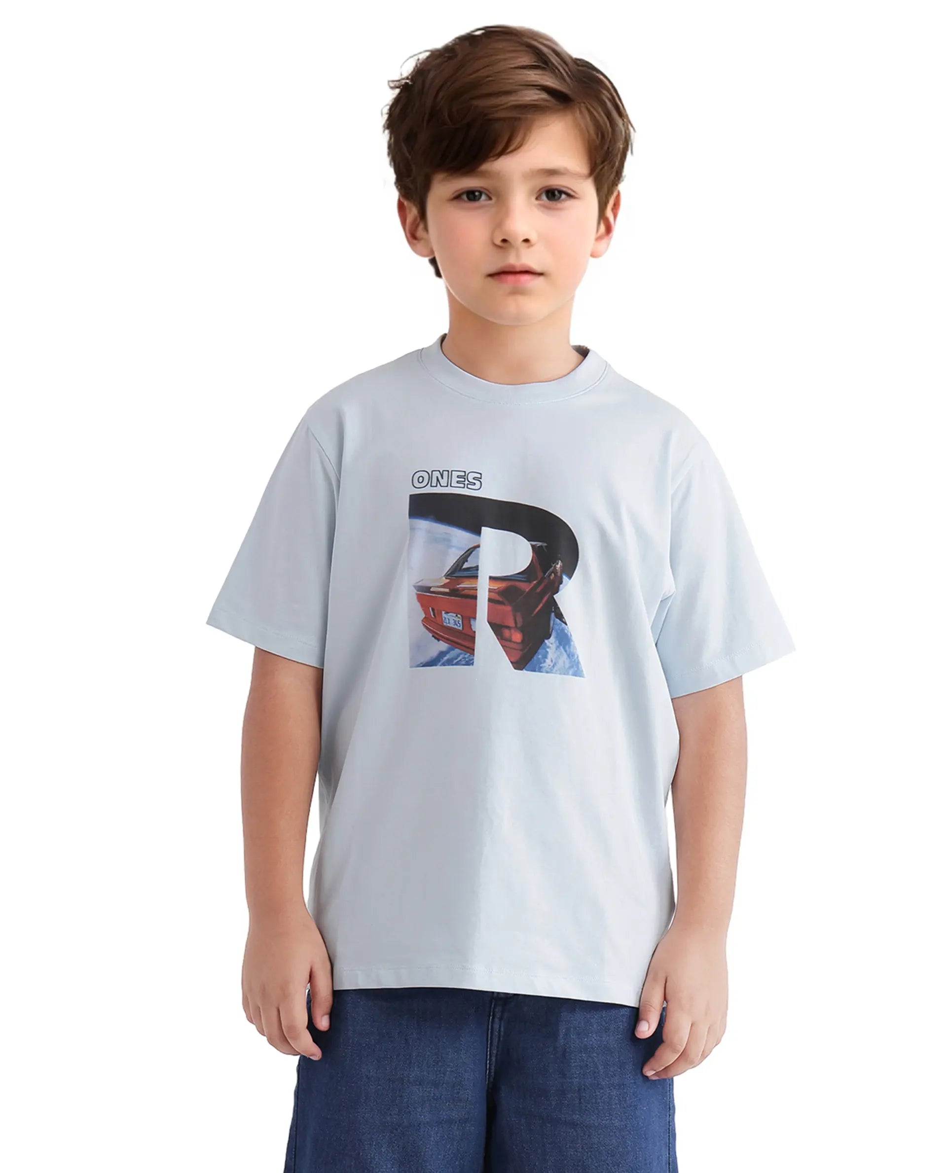 Rare Ones Kids Bolt Pastel Blue Cotton Blend Short Sleeve Crew Neck Print T-Shirt