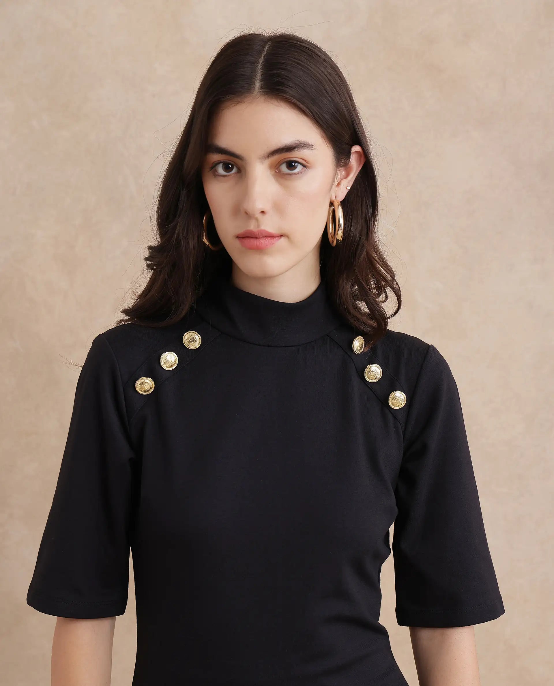 Rareism Women's Bolu Black Cotton Blend Fabric High Neck Zipper Closure Half Sleeve Plain Slim Fit Knee Length Dress