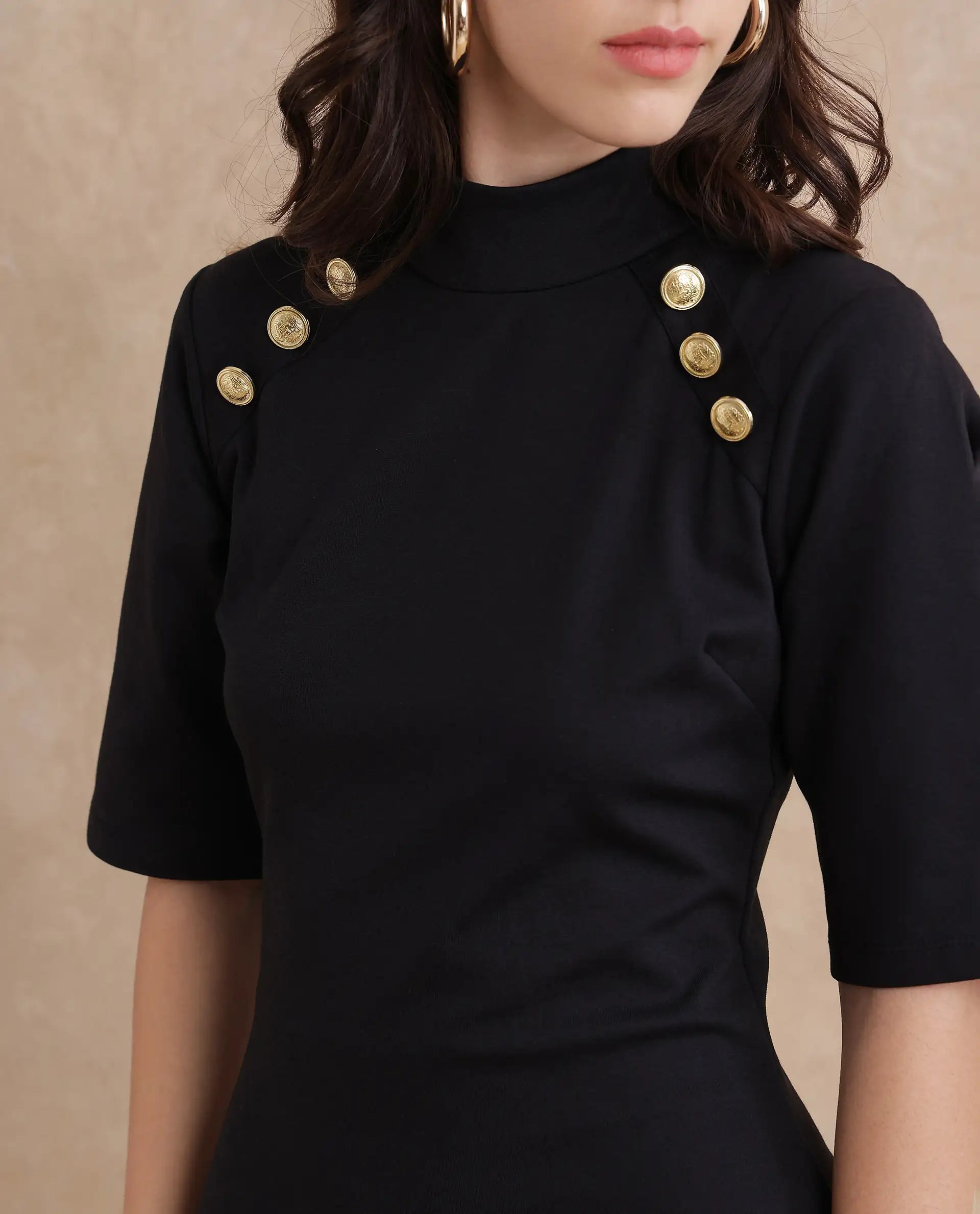 Rareism Women's Bolu Black Cotton Blend Fabric High Neck Zipper Closure Half Sleeve Plain Slim Fit Knee Length Dress