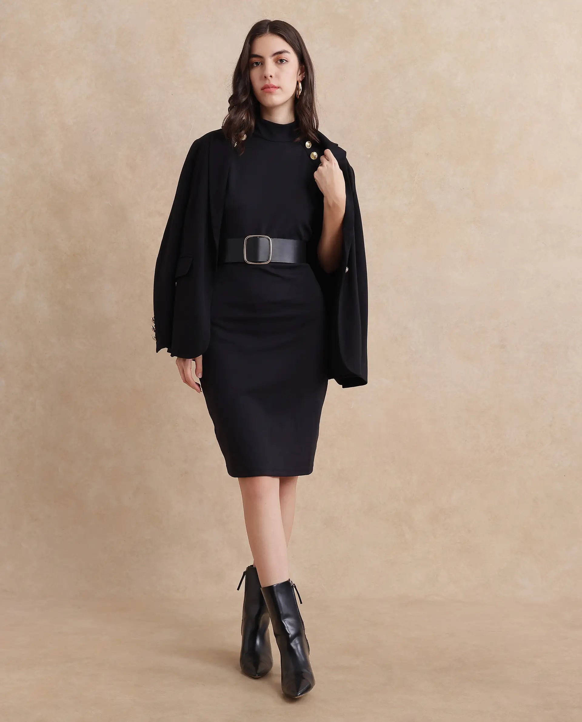 Rareism Women's Bolu Black Cotton Blend Fabric High Neck Zipper Closure Half Sleeve Plain Slim Fit Knee Length Dress