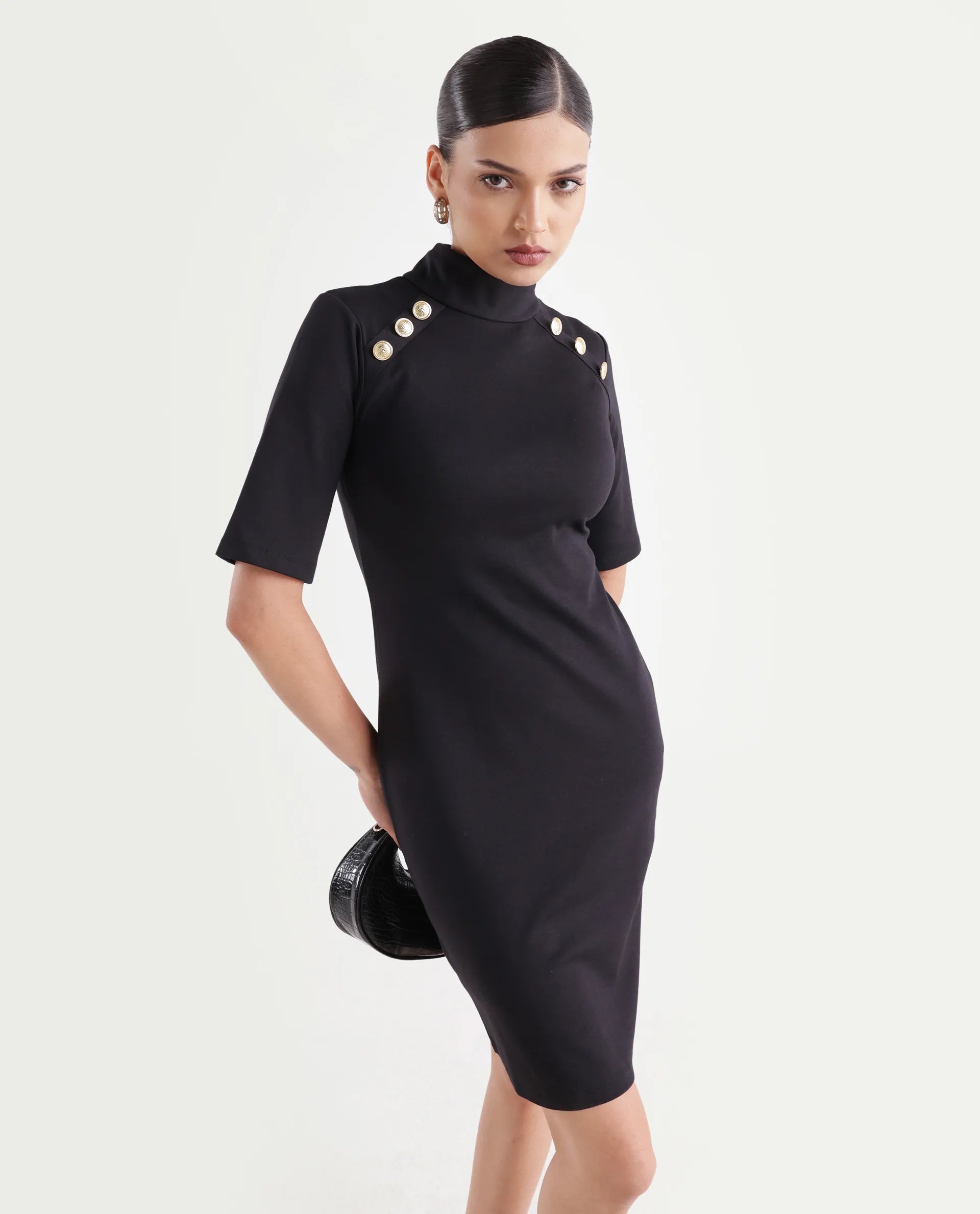 Rareism Women's Bolu Black Cotton Blend High Neck Plain Knee Length Slim Fit Dress