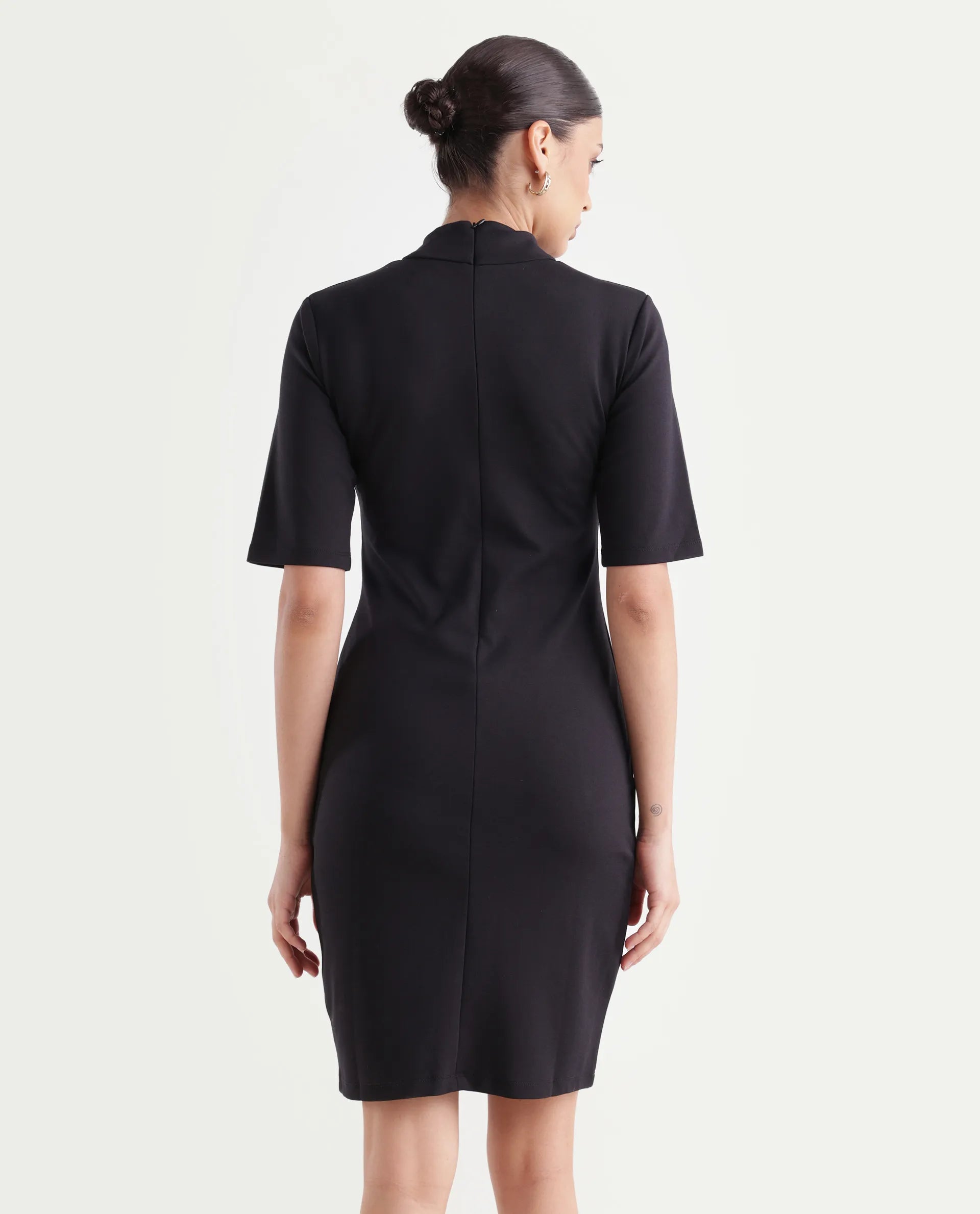 Rareism Women's Bolu Black Cotton Blend High Neck Plain Knee Length Slim Fit Dress