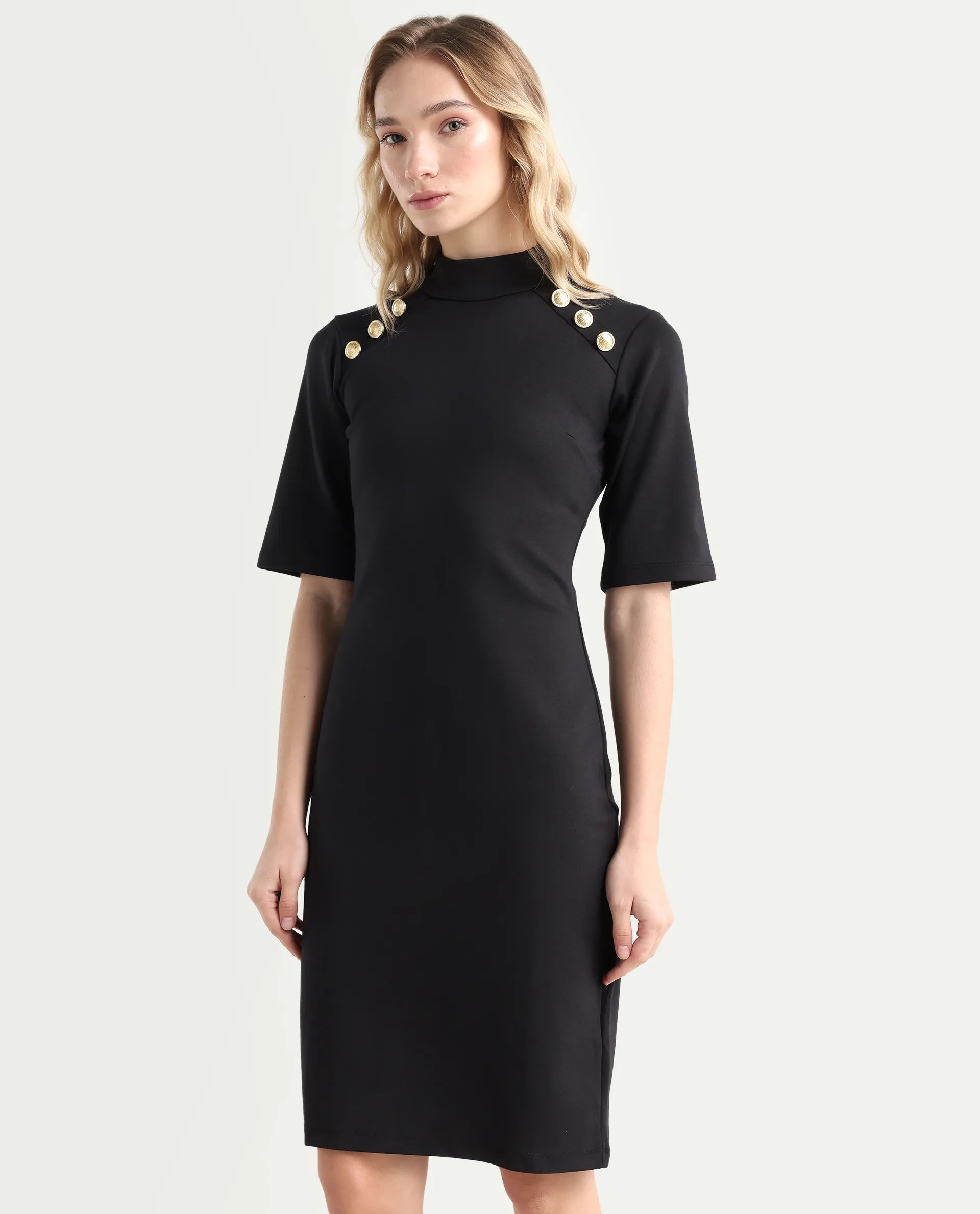 Rareism Women's Bolu Black Cotton Blend High Neck Plain Knee Length Slim Fit Dress