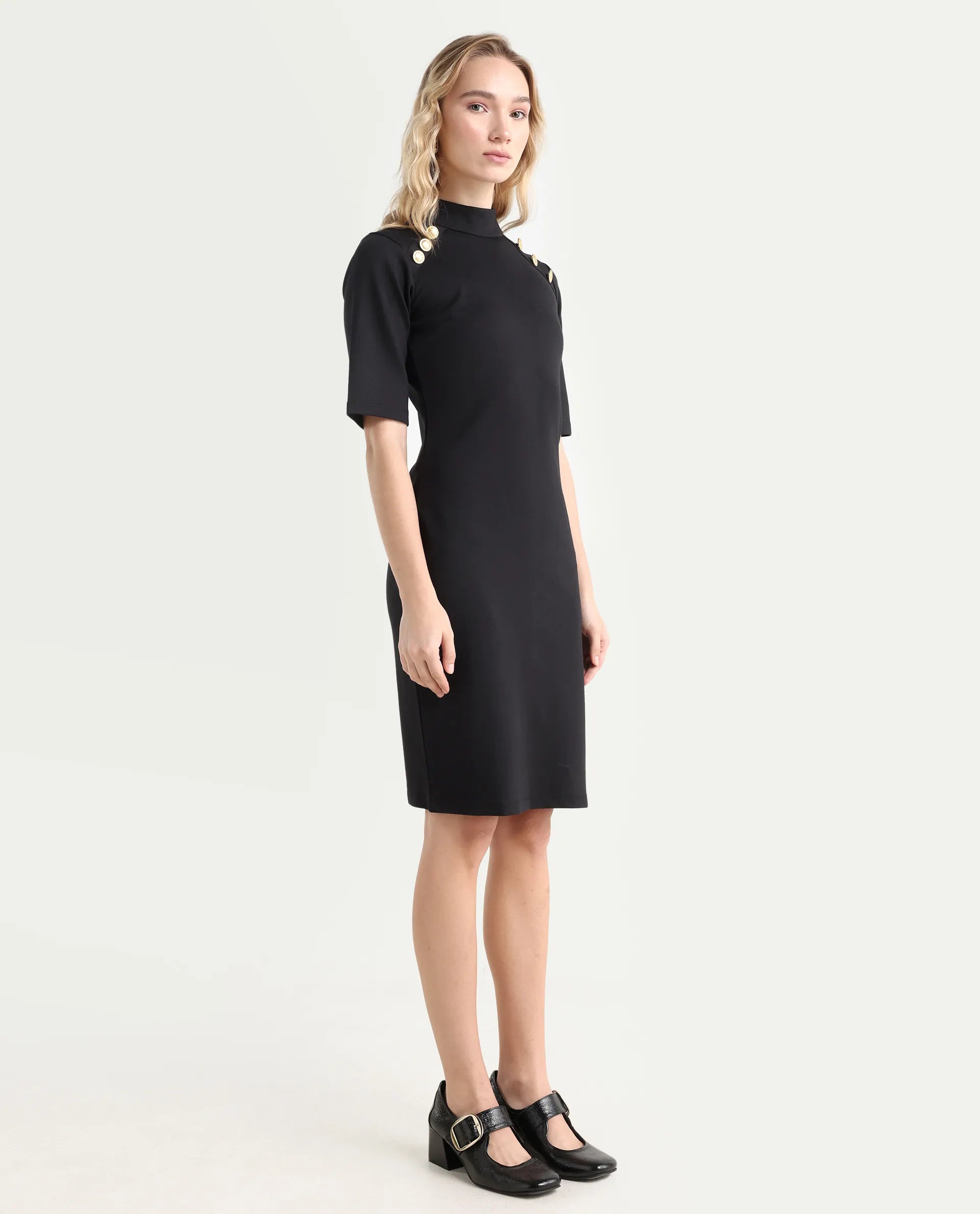 Rareism Women's Bolu Black Cotton Blend High Neck Plain Knee Length Slim Fit Dress